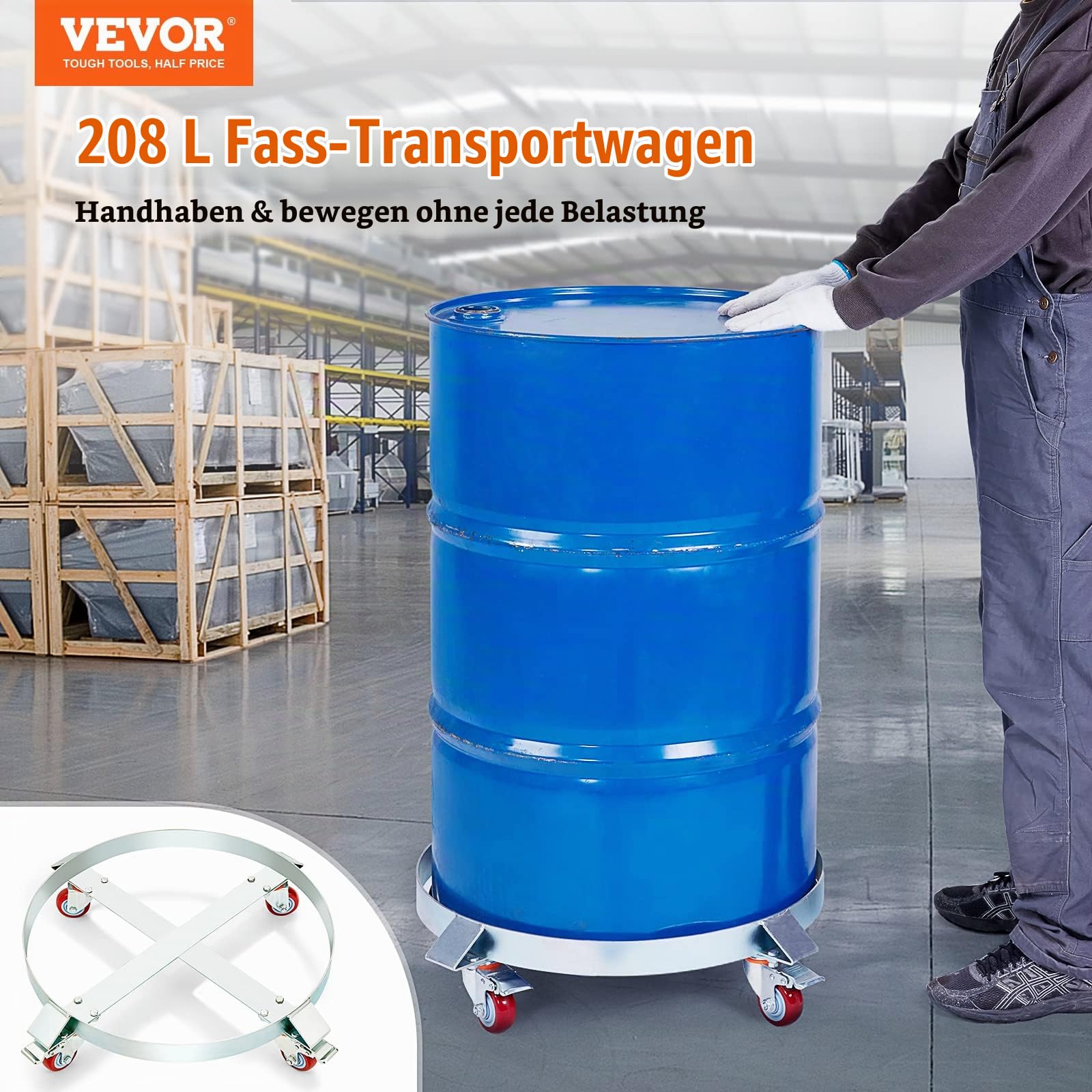 VEVOR 2X Fassroller 250L Transportroller Kohlenstoffstahl Rollbrett Innendurchmesser Ø 607mm Fasswagen mit 4 Universalrädern mit Bremsen Rollwagen Transportwagen zum Transport von Fass bis zu 454kg
