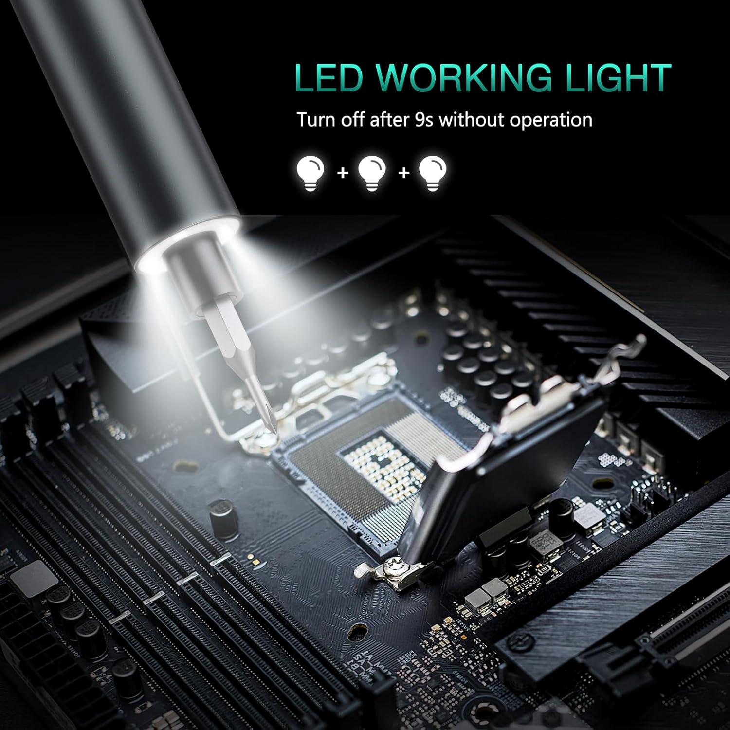 Illustration of the ORIA electric screwdriver's internal mechanism and battery capacity, showing it can drive over 400 screws at 170 RPM when fully charged.