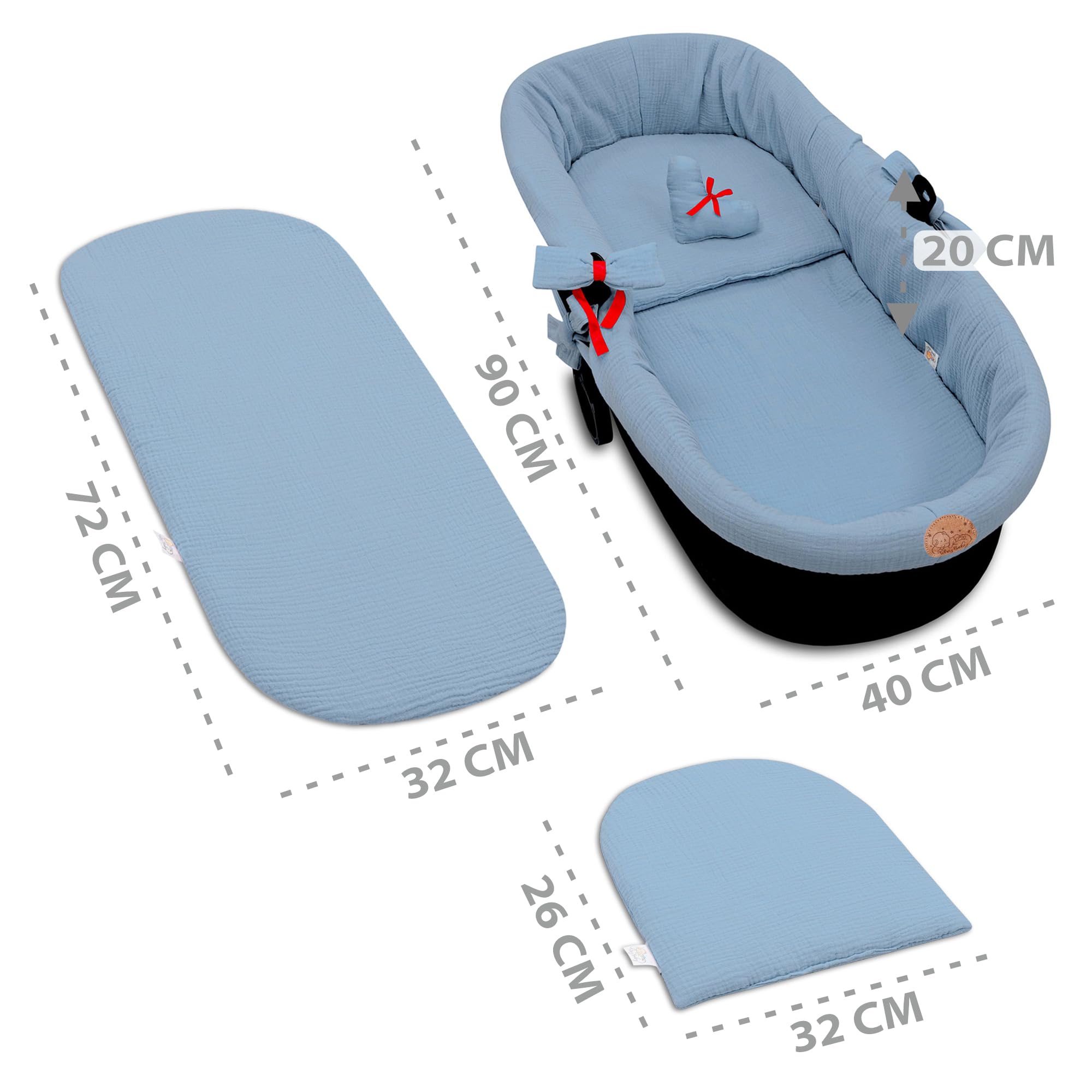 Accessori per passeggino carrozzina mussola neonato Inserto navicella - set 3 pezzi con nido cuscino e materassino cotone morbido materasso Blu