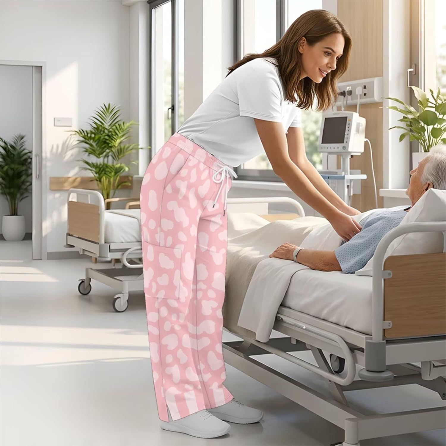 Scrubs Set for Women Printed Stretch V-Neck Scrub Tops with Pants, 6 Pocket Medical Uniform for Nurse Doctor Work