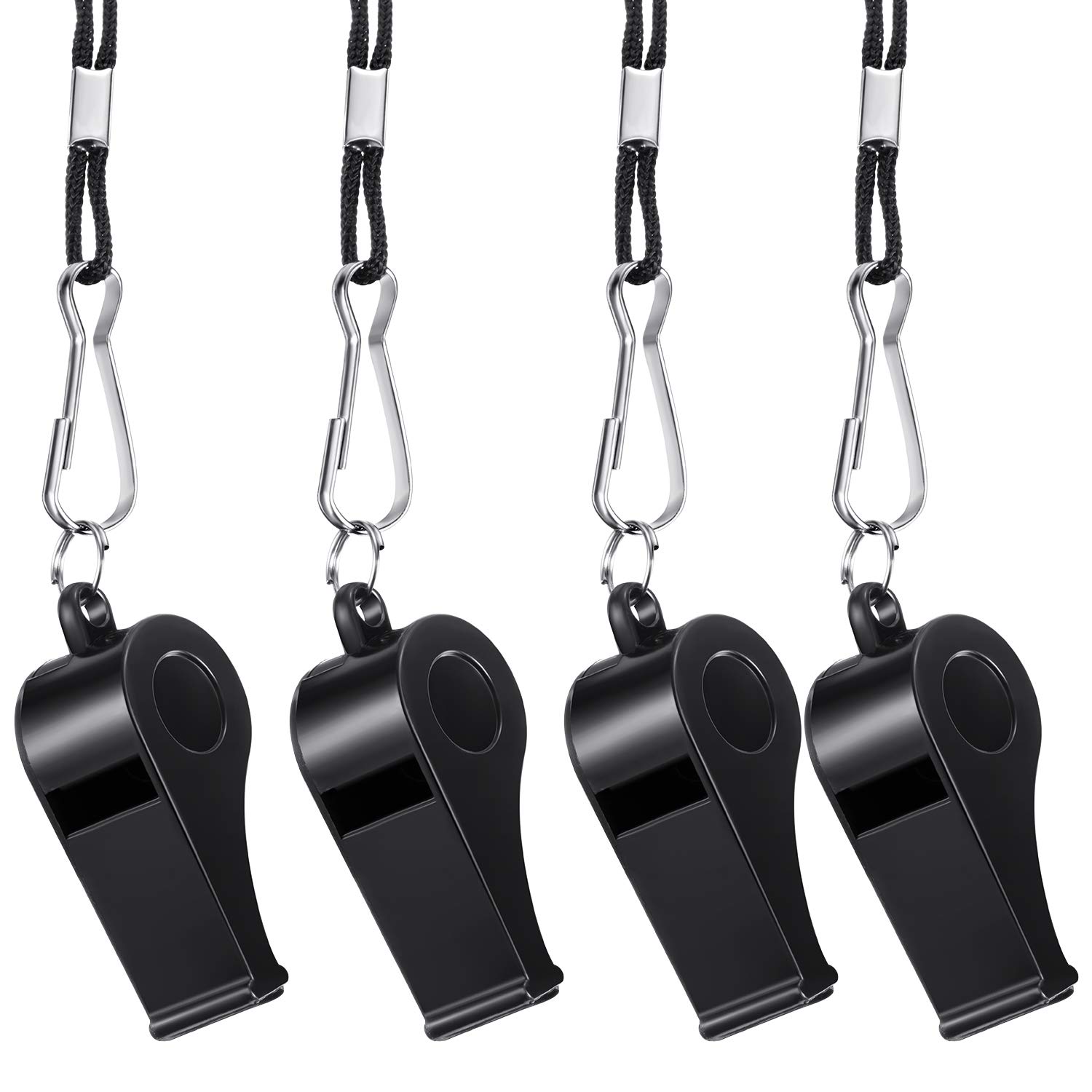 Frienda 100 Piezas de Silbatos de Plástico Negros con Cordón Entrenadores Árbitros Fanáticos Vítores Silbatos de Estudiantes Silbatos de Supervivencia, Emergencias, a Granel