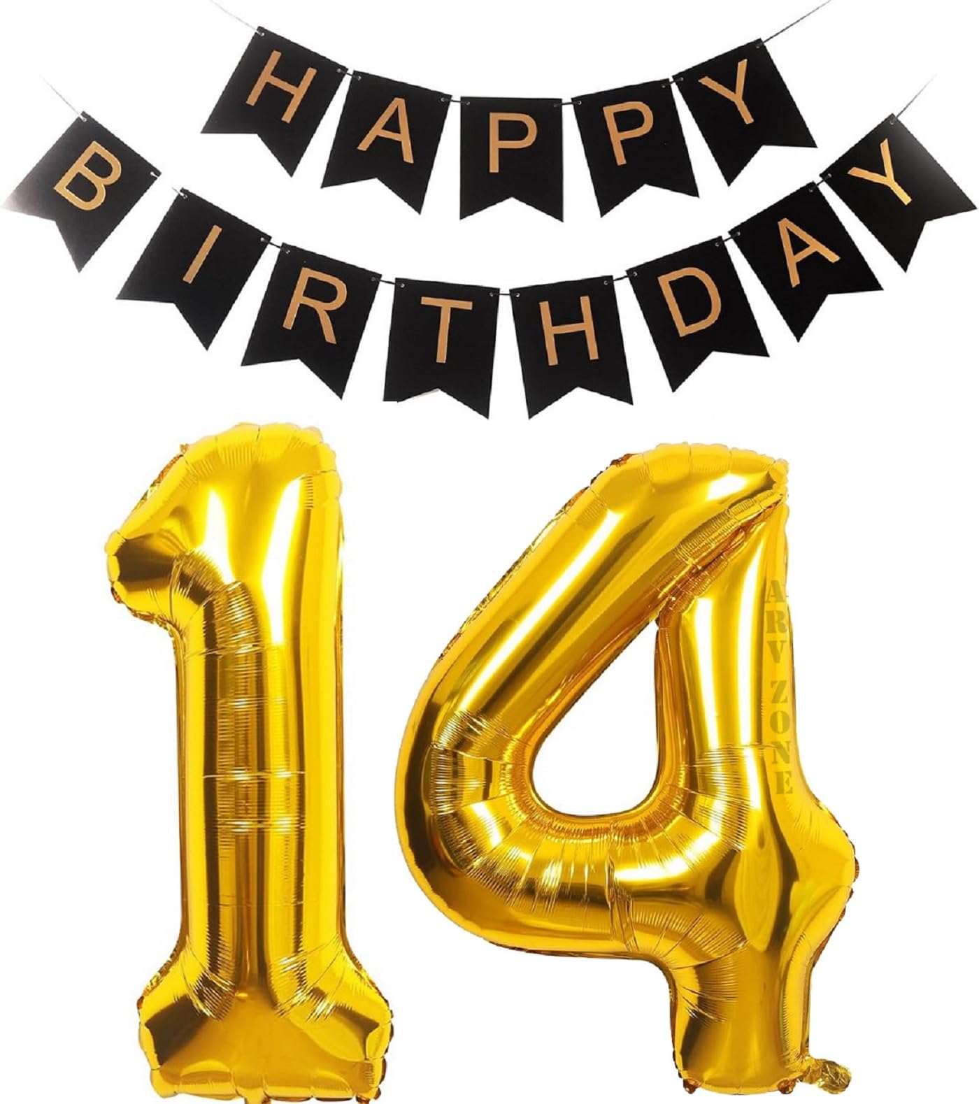 32 inch Giant Gold 14 Number Balloons & Black Happy Birthday Banner, 14th Birthday Decorations with Bunting Banner & 16 Number Foil Balloons Large for Girl Boy Birthday Party (HBD 14)