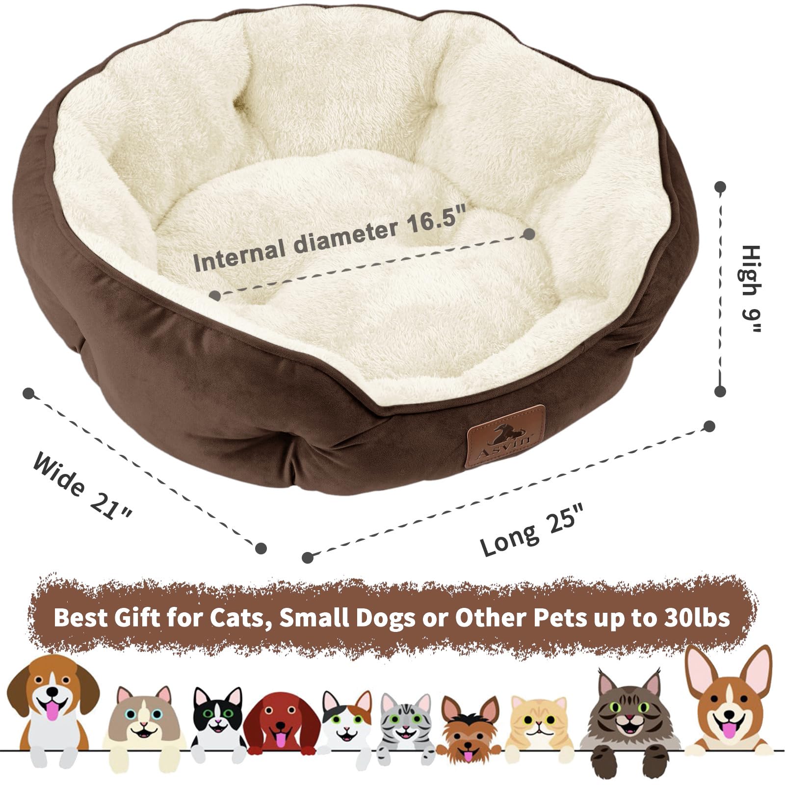 Asvin Cama Mediana para Perros medianos, Camas Grandes para Gatos de Interior, Cama para Mascotas para Cachorros y Gatitos, Extra Suave y Lavable a máquina, con Parte Inferior Oxford Antideslizante y