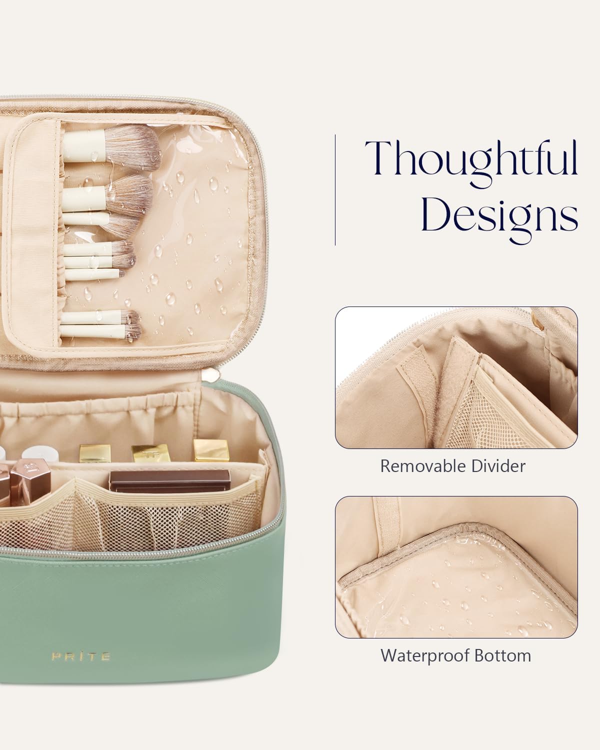 Prite Makeup Bag, Large Capacity Portable Travel Cosmetic Bag, Waterproof Makeup Organizer for Women with Handle and Divider (001 Green) - Image 5