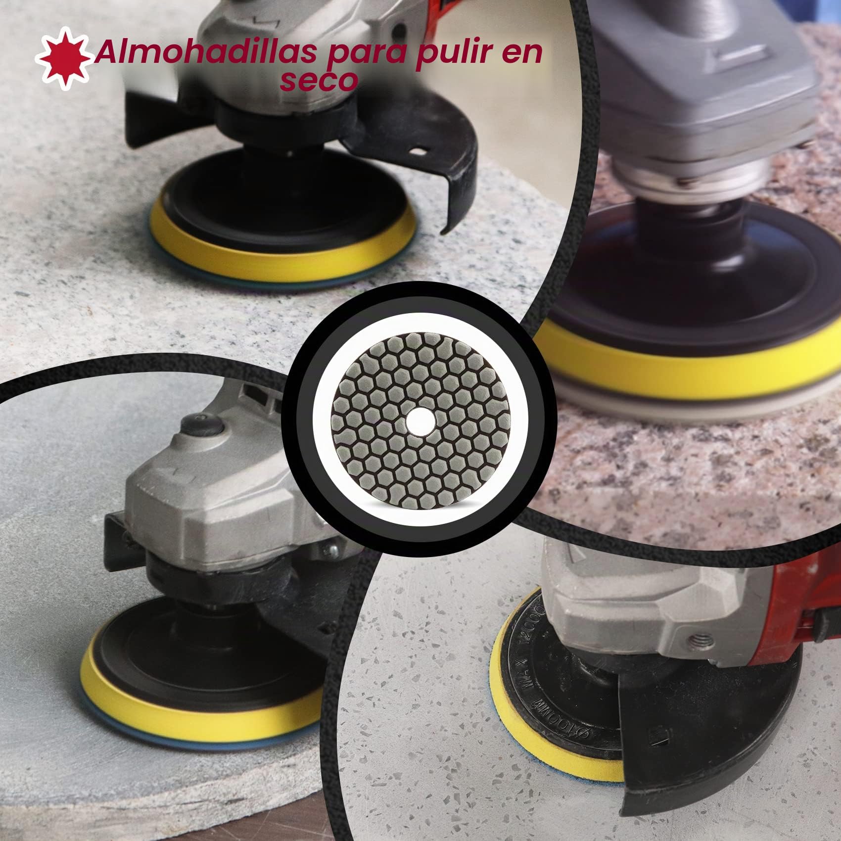 FOCSTOL Almohadilla de Pulido Diamante - 7 piezas 100mm (#50-#3000) Disco Diamante Pulir con Adaptador de M14 Rosca para Granito Mármol Piedra Artificial Cuarzo para Amoladora Angular