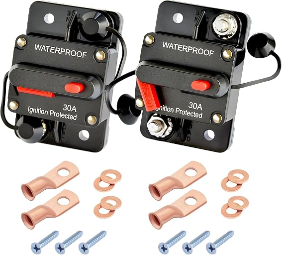 30Amp Circuit Breaker DC 12V-48V for Marine Boat Trolling Motor Automotive RV Trailer Car Solar System Battery Disconnect with Manual Reset Switch, IP67 Waterproof (Pack of 2)