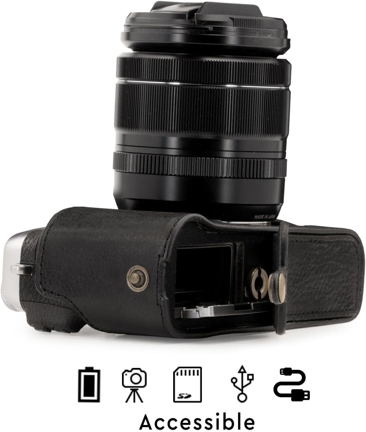 MegaGear MG1342 Ever Ready Genuine Leather Camera Half Case & Strap Fujifilm X-E3 with Battery Access, Black