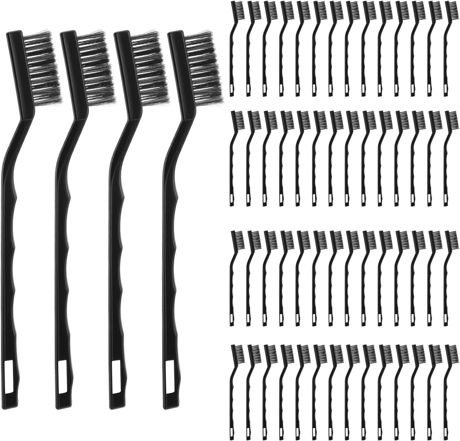 60 Pcs Mini Wire Brush Set - Stainless Steel Bristle with Curved Handle, 6.7" Metal Cleaning Brushes for Welding Slag, Rust Removal & Masonry Tools, Automotive, BBQ Grill & Household Cleaning (Black)