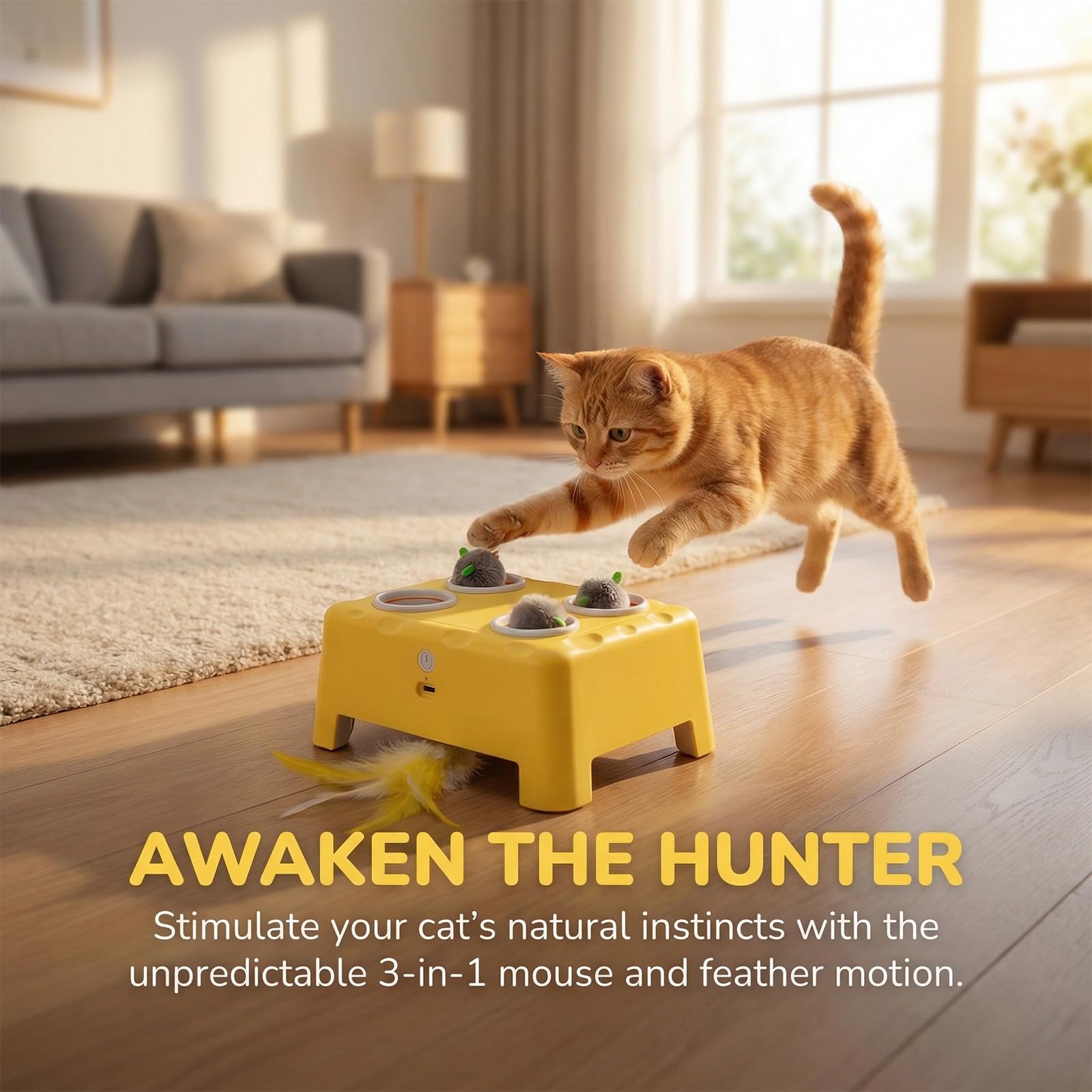 Jouets interactifs pour chat 3 en 1 pour chats d'intérieur Rotation automatique des plumes + souris Pop Out Jouet interactif pour chat pour animal domestique Jouet amusant exercice
