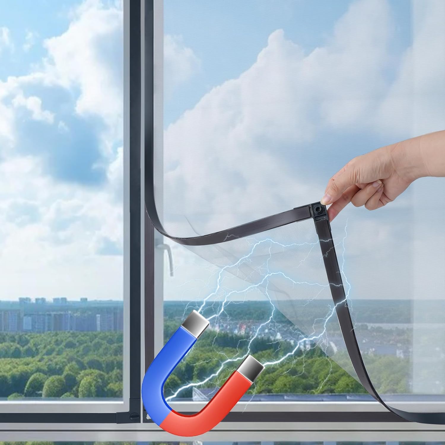 Magnetic Window Screen Adjustable Window Screen Max 48" x 60",DlY Fiberglass Window Screen Mesh for House Windows Black Frame Grey Mesh