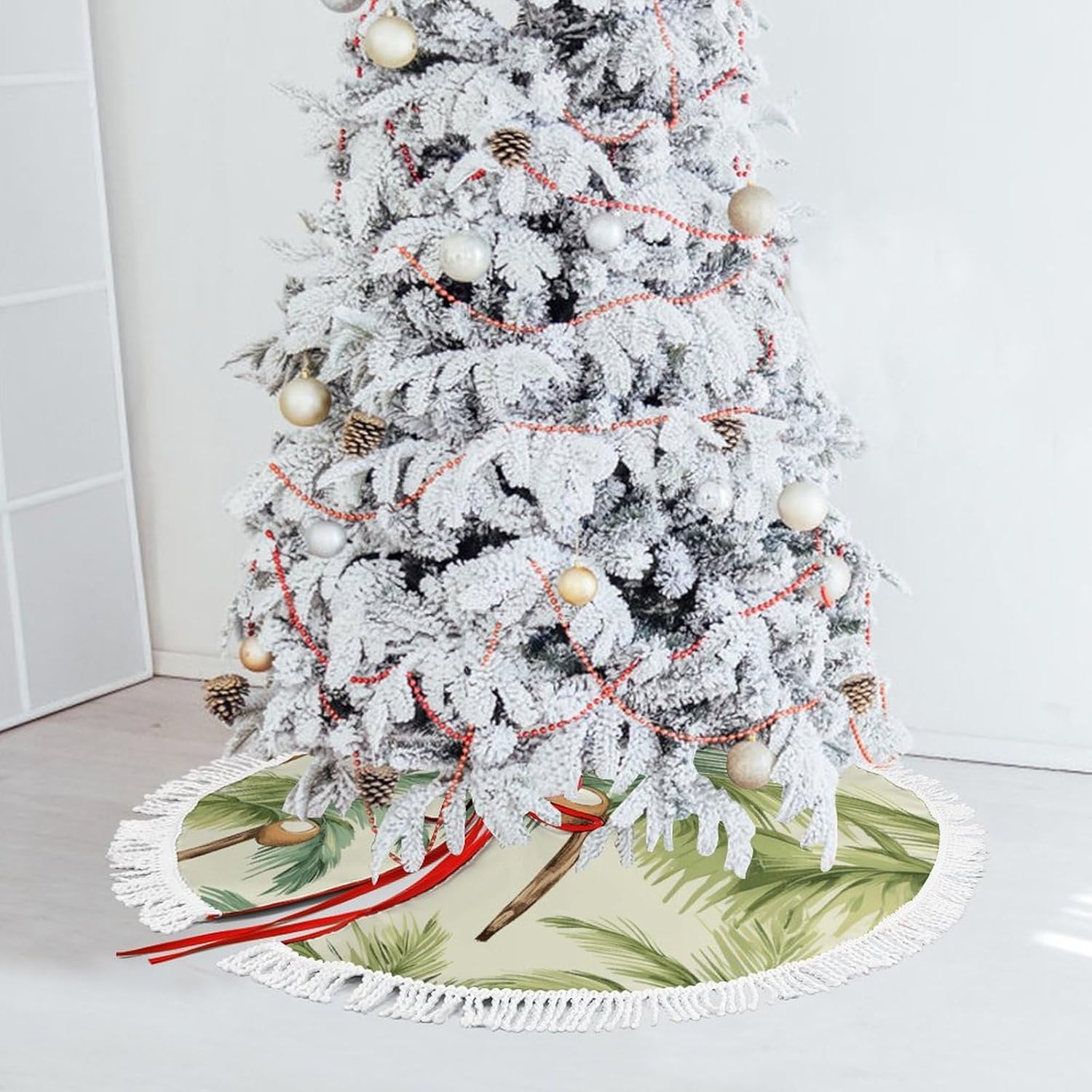 Cute Tassel Christmas Tree Skirt，Halloween Tree Skirt Large Christmas Tree Skirt Christmas Tree Decorations Double Sided Summer Coconut Tree Printed Tree Skirt-48in