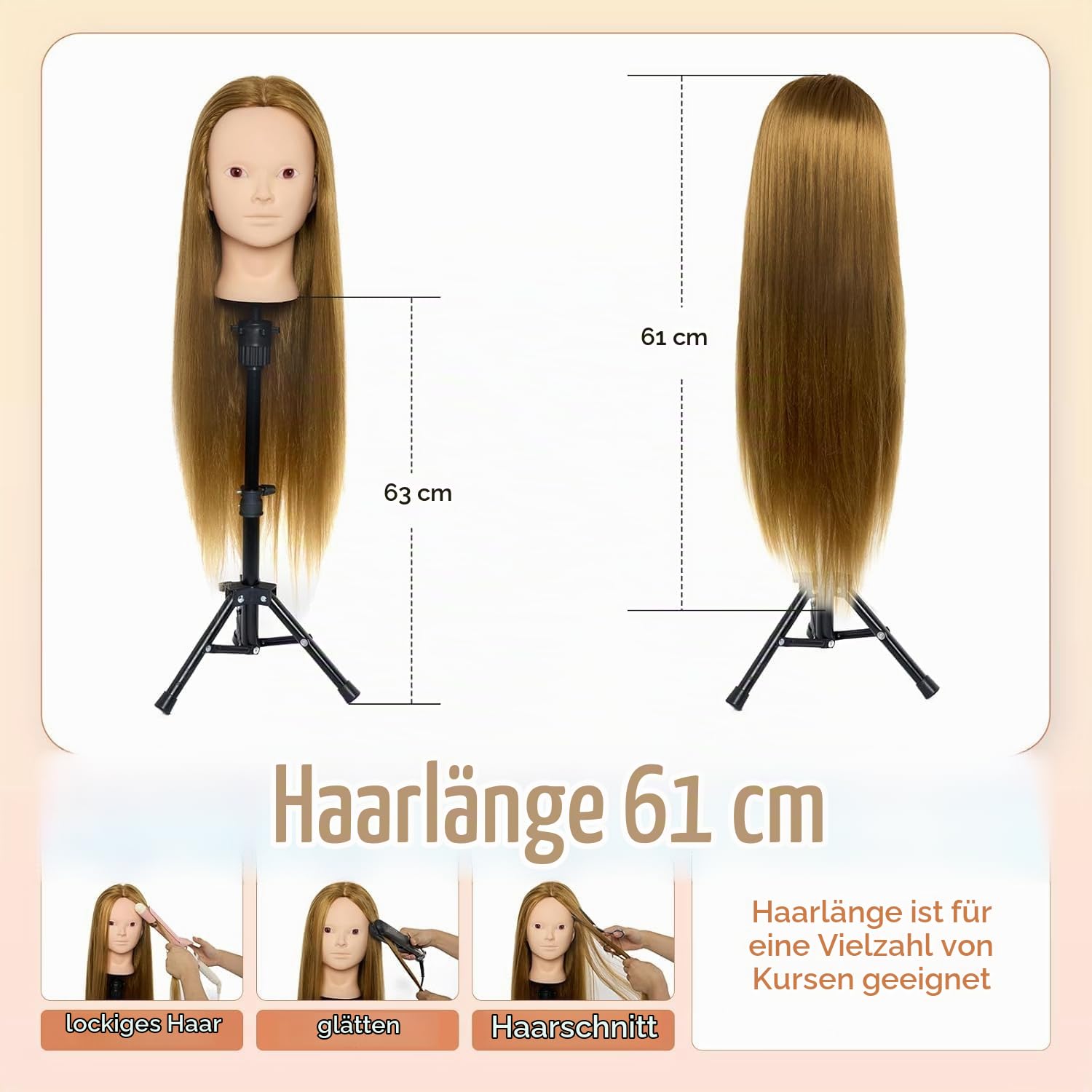 Schminkkopf 50% Echthaar mit Ständer 24" Frisierkopf Friseur Friseurkopf | Trainingsköpfe Übungskopf Puppenkopf Ausbildung Kopf Mit Halter + Hair Styling Braid Set