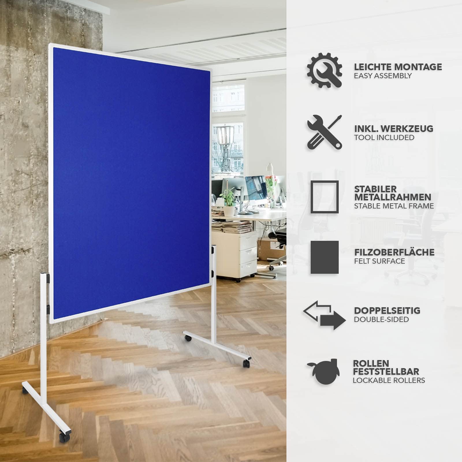 KARAT Tableaux de présentation en Feutre - en Une Seule pièce - monoblocs - avec roulettes - Hauteur : 185 cm - 5 Couleurs (Bleu)