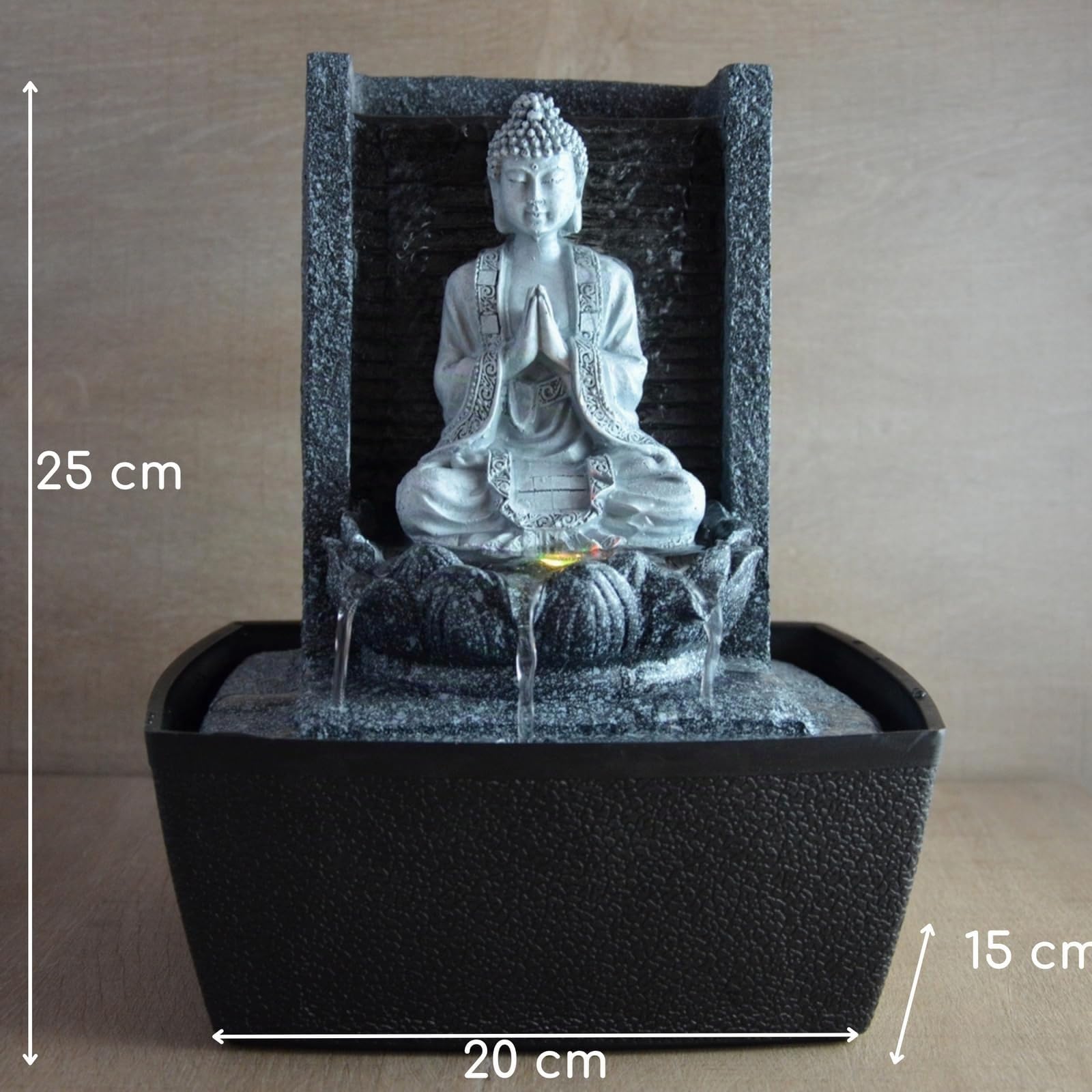 Zen'Light - Zimmerbrunnen Nirvana - Wasserfall mit Buddha & Weißer LED-Beleuchtung - Moderne Zen Deko, Ideal für Meditation & Entspannung - Feng Shui - H 26cm, Grau