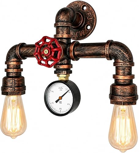 MQ Water Pipe Wall Sconces Lamp, Steampunk Fixtures 2 Lights Wall Mount E26 Sock