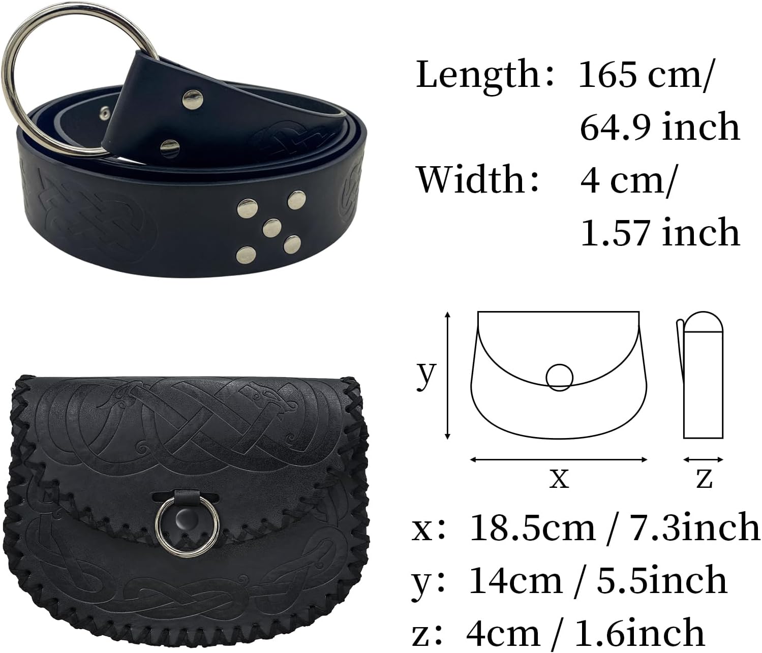 HiiFeuer Medieval Embossed O Ring Belt with Nordic Embossed Belt Bag, Vintage Faux Leather Belt and Belt Pouch Set for LARP - Image 6