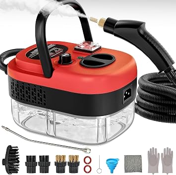 Portable High-Pressure Handheld Steam Cleaner, 14-Piece Accessories, 6 Steam Levels, 15s Heat-Up,chemical-free Cleaning Tile, Grout, Dirt, Grease & Car Detailing black&Red