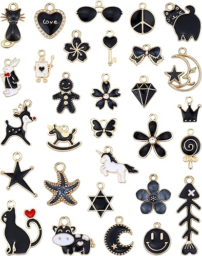 30 dijes de esmalte negro surtidos para aretes, collares, pulseras, fabricación de joyas y manualidades, Acero aleado, No es una piedra preciosa