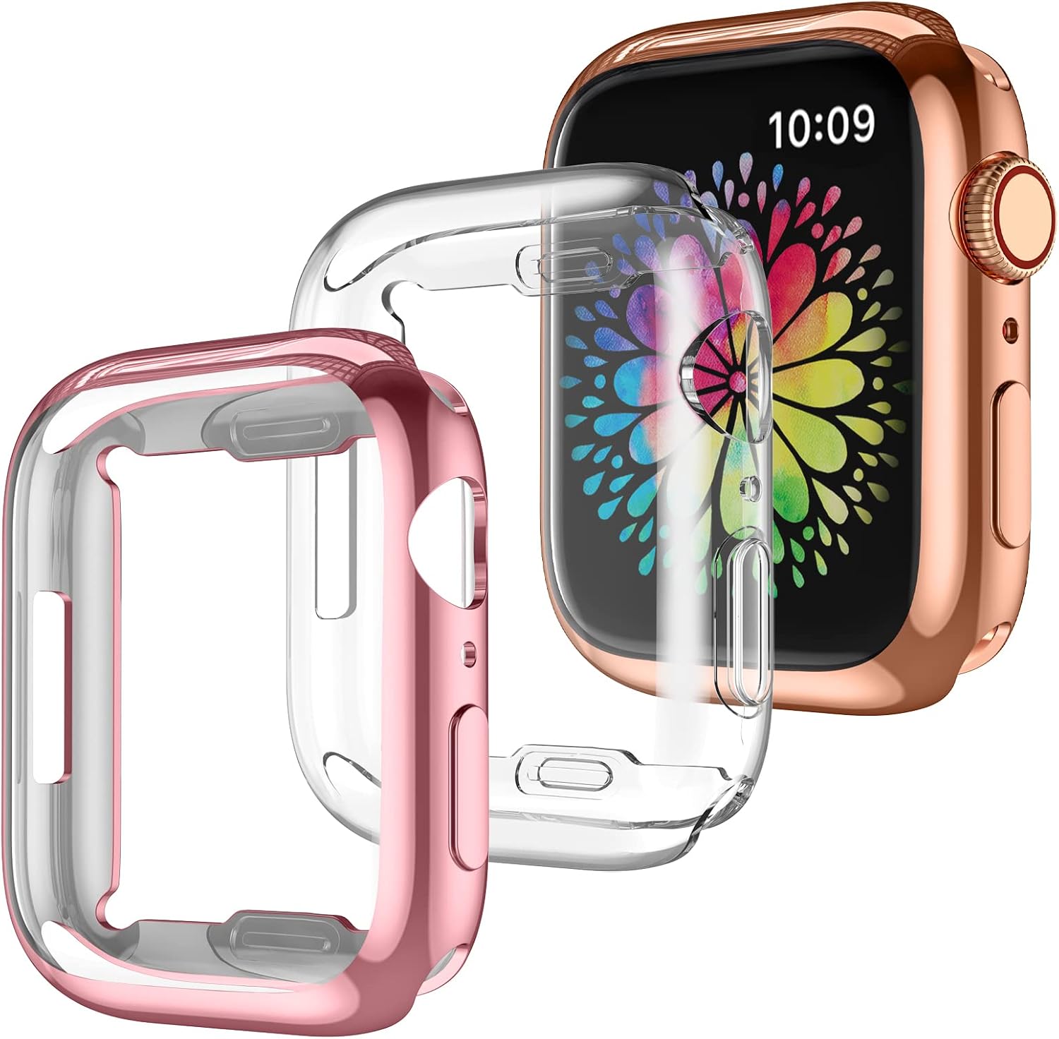 GEAK 3 Pack Compatible with Apple Watch Series 7 Case 45mm, Soft TPU Flexible All-Around Protective Screen Protector Bumper Case Accessories for iWatch Series 7 45mm Smart Watch Clear/Rose/Pink