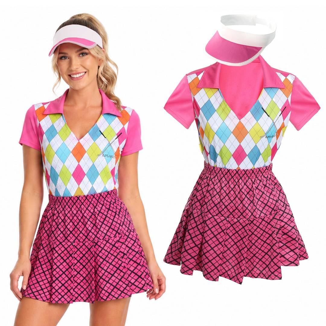 Ladies Golf Costume - Medium - Pink Top, Skirt and Visor Golf Hat - Perfect for Pub Nights and Novelty Fancy Dress
