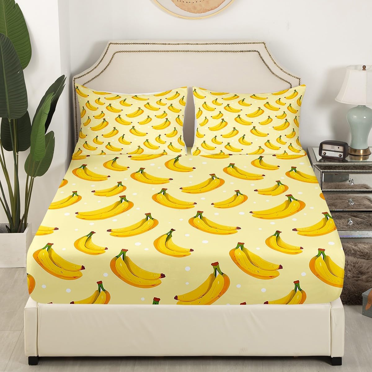 Feelyou Banana Bed Sheet Set for Kids Boys Girls Teens Tropical Fruit Yellow Summer Bedding Set Lightweight Microfiber Bed Cover Decor 3Pcs Fitted Sheet with 2 Pillowcase Queen
