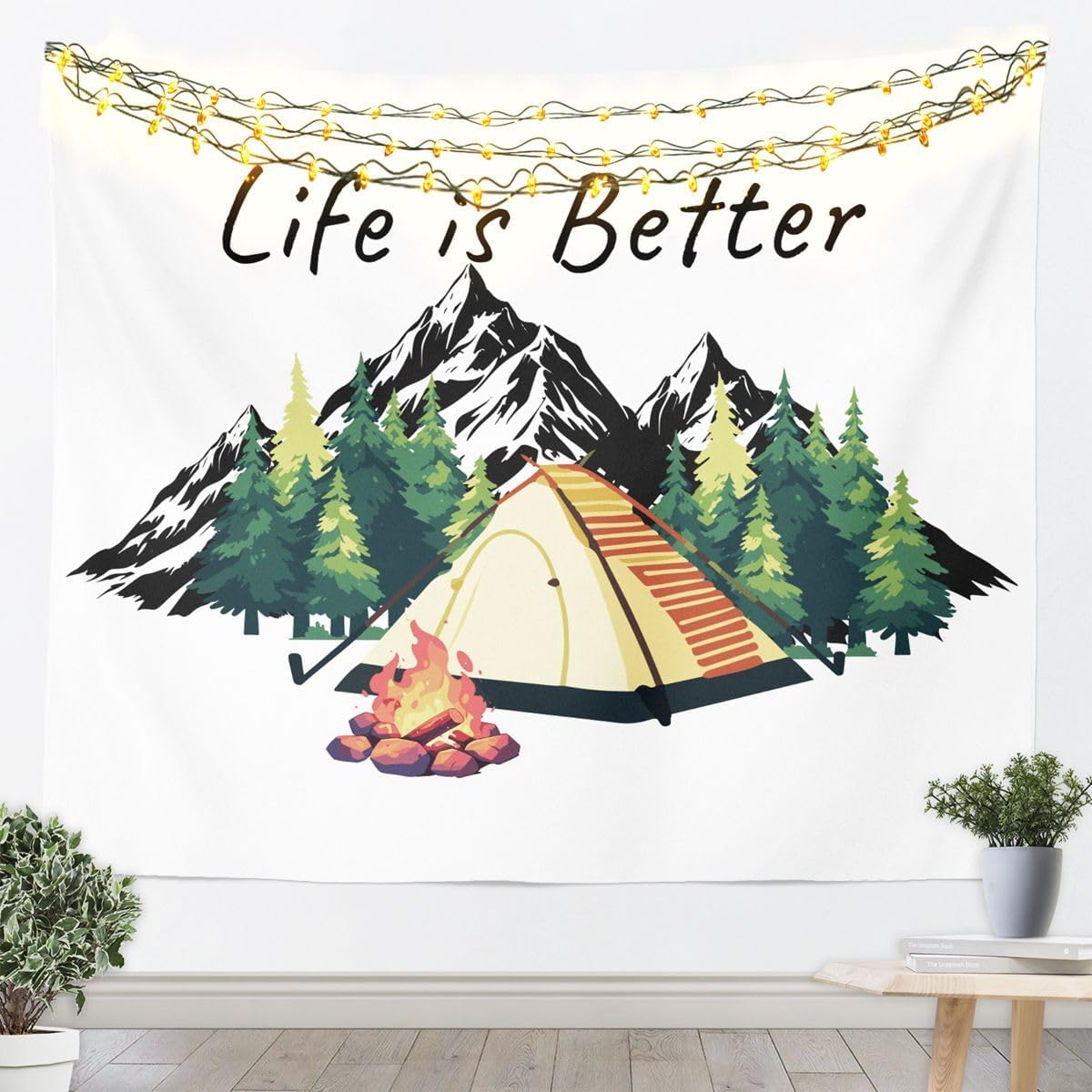 Erosebridal Camfire Tent Glamping Tapestry for Bedroom | Black Smoky Mountain Camping Wall Tapestry Aesthetic Camp Pine Trees Tapestries Medium 59x59, Camper Decor Vintage Hanging Wall Art