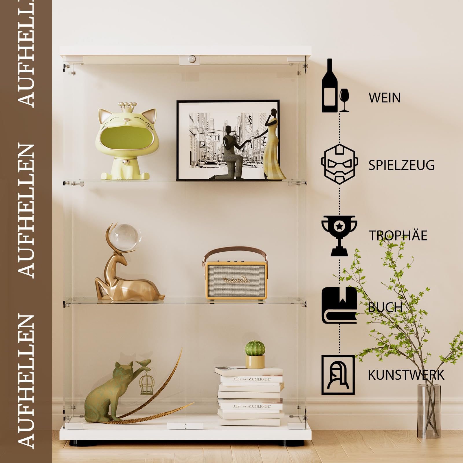Vitrine En Verre 3 étagères - 125x42,5x36 Cm - Blanc - Avec Serrure - Parfaite Pour Exposer Livres, Vin, Objets De Collection - 8