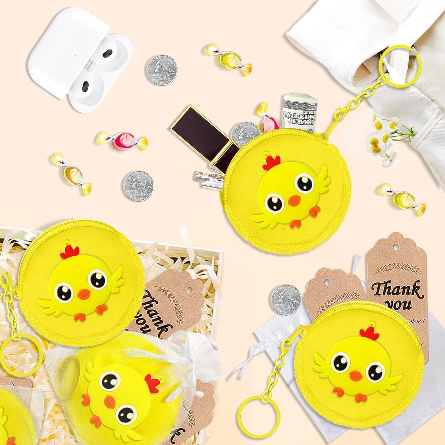 12 Pack Chicken Coin Purse with Zipper Keychain,Wallet Bag Party Favors for Chicken Birthday Party Decoration,Farm Animal Themed Baby Shower,School Carnival Rewards,Travel,Classroom Prize
