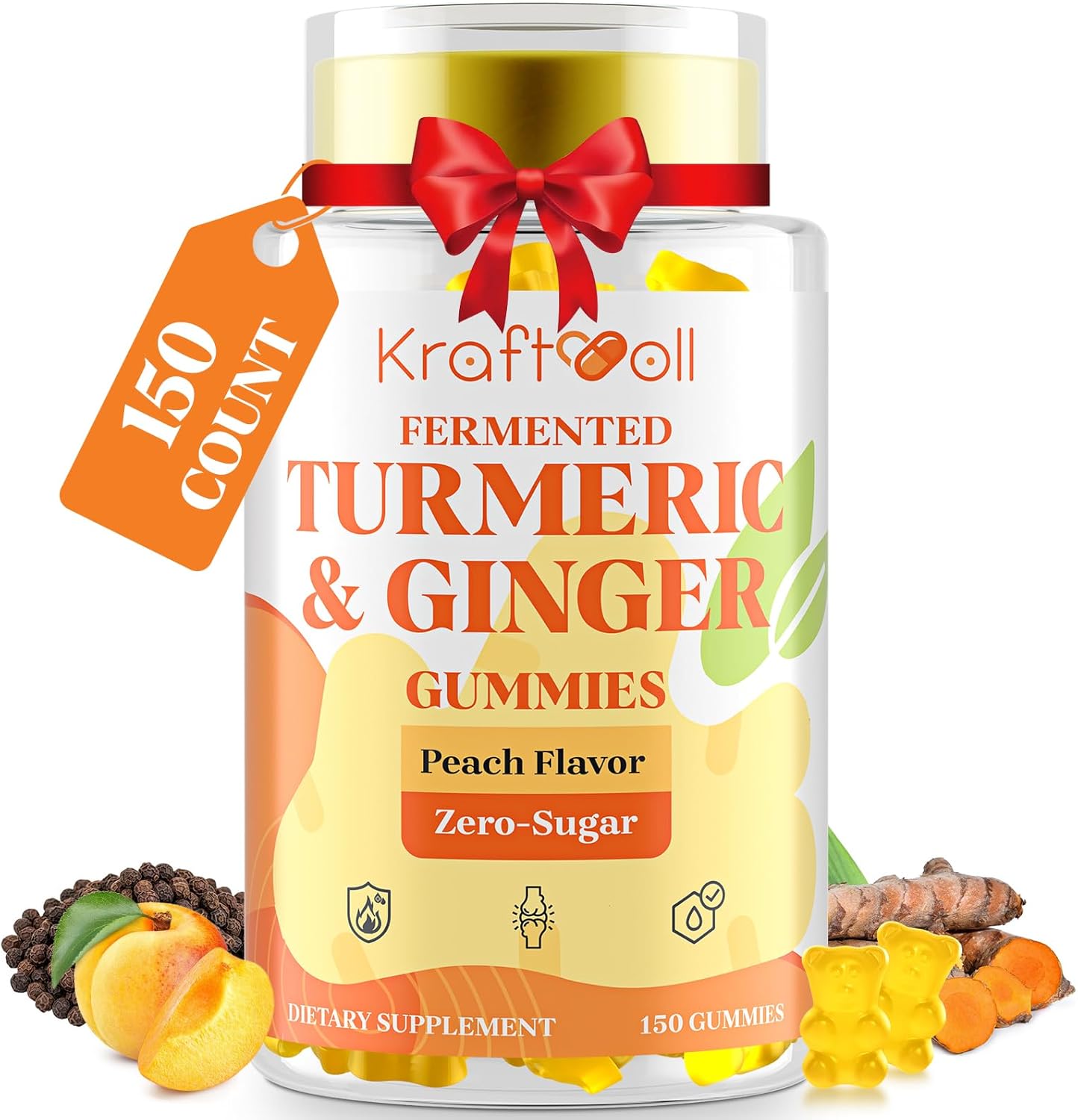 5 Month Supply Turmeric and Ginger Gummies with Black Pepper, Fermented Turmeric for Joint Comfort & Mobility, Sugar-Free with Vitamin D3 + K2, Natural Peach Flavor – 150 Gummies