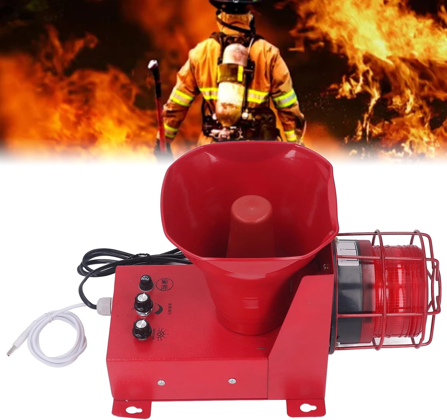 Walfront Industrial Siren Alarm, top-down view, showing the red siren with mounting brackets on the base.