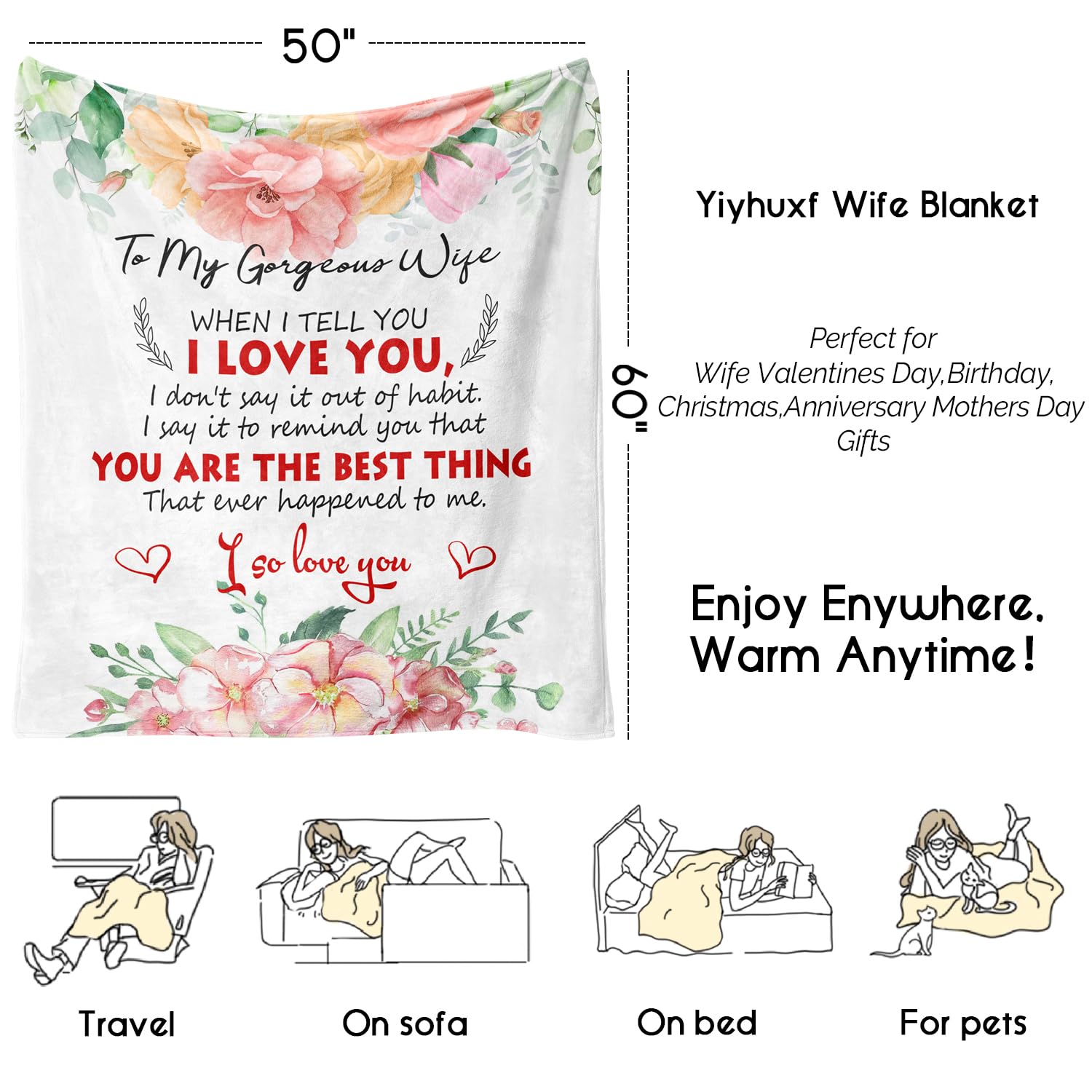 To My Wife Geschenkdecke – 130x150 Cm, Mit Liebesbrief-Druck, Weicher Überwurf Für Weihnachten & Jahrestag