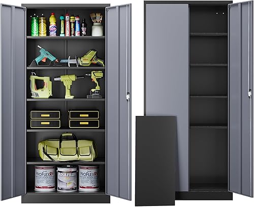 LISSIMO Gabinete de metal de 72 pulgadas, armario de almacenamiento con bloqueo con 2 puertas y 5 estantes ajustables, gabinete de herramientas de