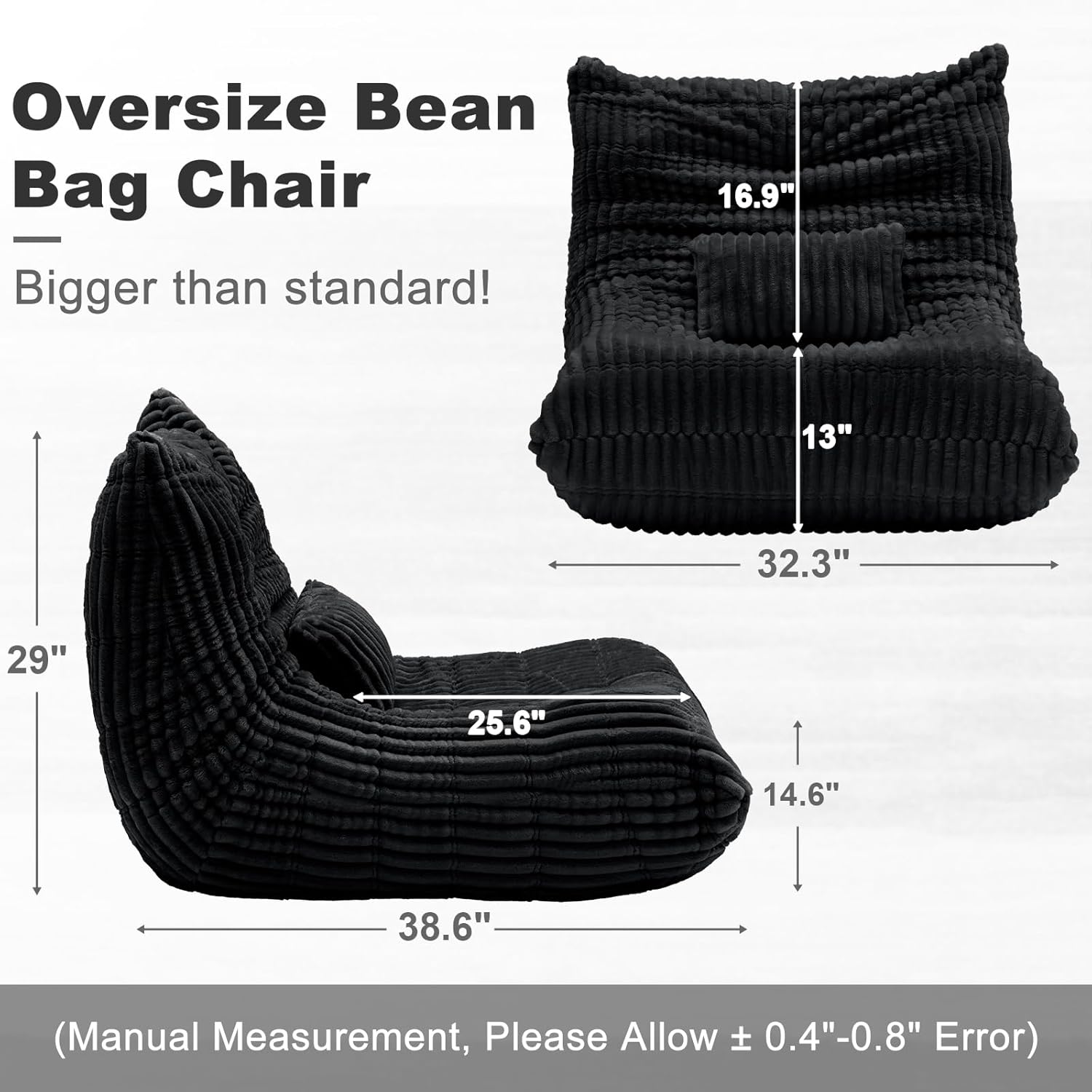 Bean Bag Chair with Lumbar Pillow, Gaint Bean Bag Chairs for Adults, Oversized Corduroy Beanbag Chair with Memory Foam Filled, Lazy Floor Sofa for Reading Gaming Living Room Bedroom (Black)