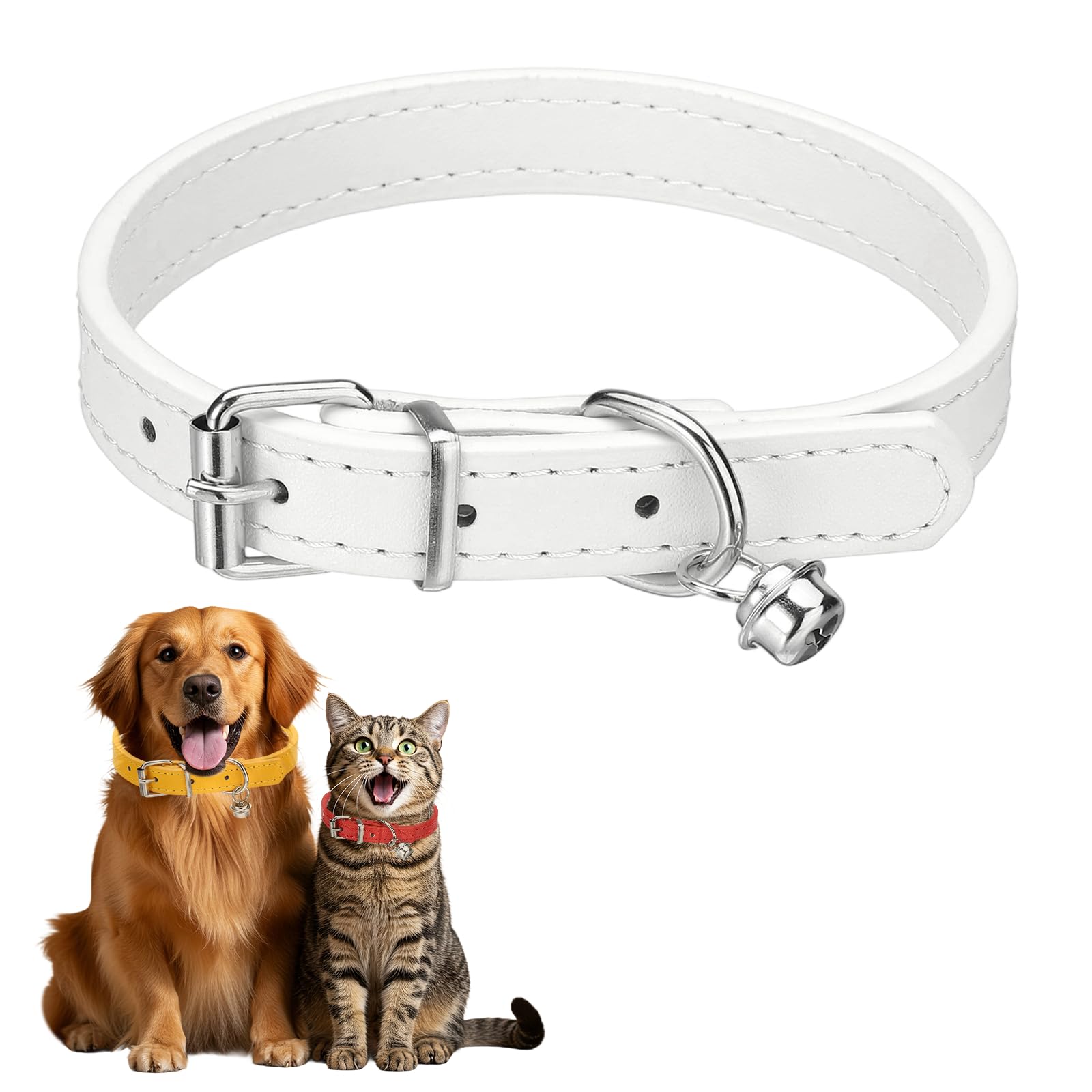 sourcing map Dog Collar with Bell, Pu Leather Cat Collars Pet Basic Soft Padded Adjustable Buckle, 14.5" (White, 1 Pcs), Intended for Teacup/Little Dog/Kitten Cats/Small Animals