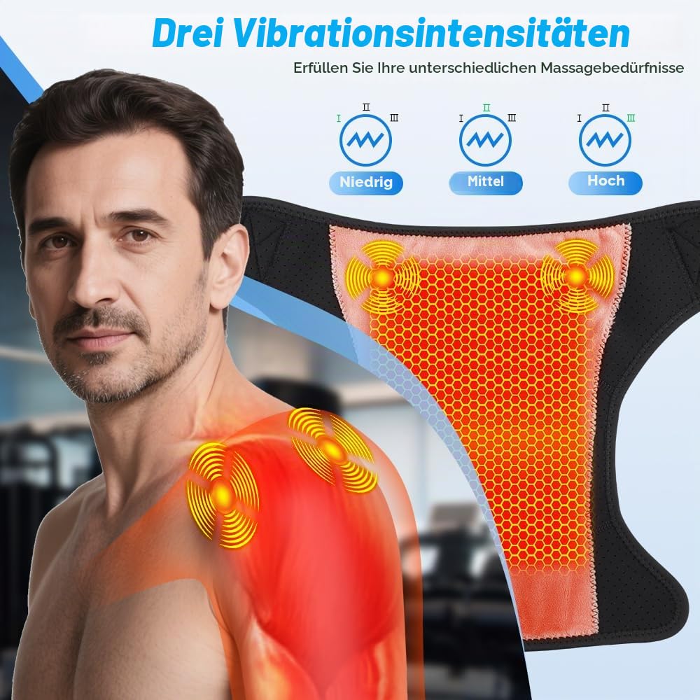 Schultermassagegerät mit Heizung & App, 7 Temperaturen (40 – 70 °C) & 3 Vibrationsmodi – 5000 mAh wiederaufladbar – kabelloses Massagekissen für Schultern, Nacken & Rücken (1 Stück)
