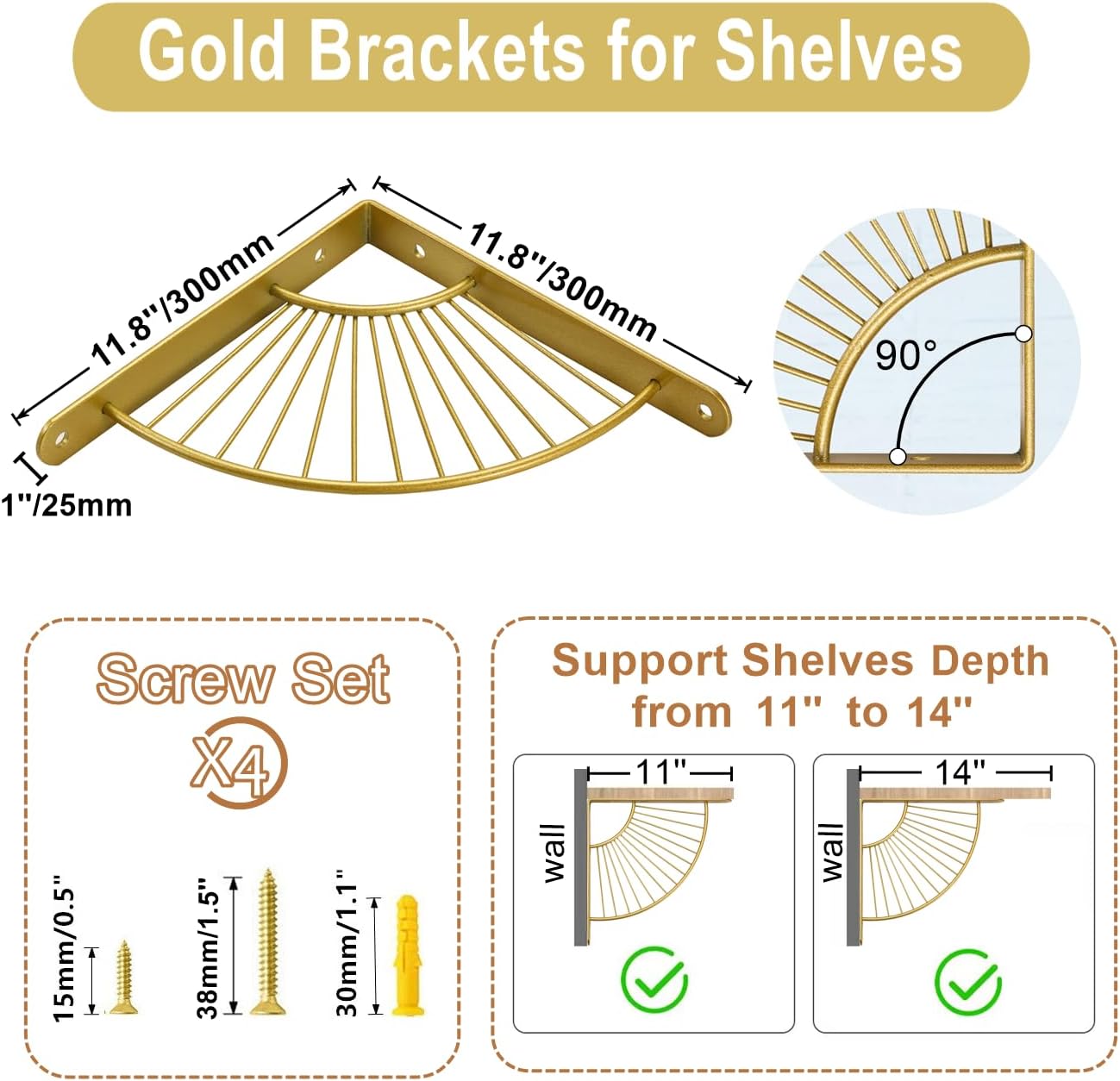 Z Metnal Gold Brackets for Shelf, Brass Metal Shelves Bracket, Wall Decor, Art Deco Shelf Bracket for DIY Floating Shelves,12 inch, Gold, 2 Pcs