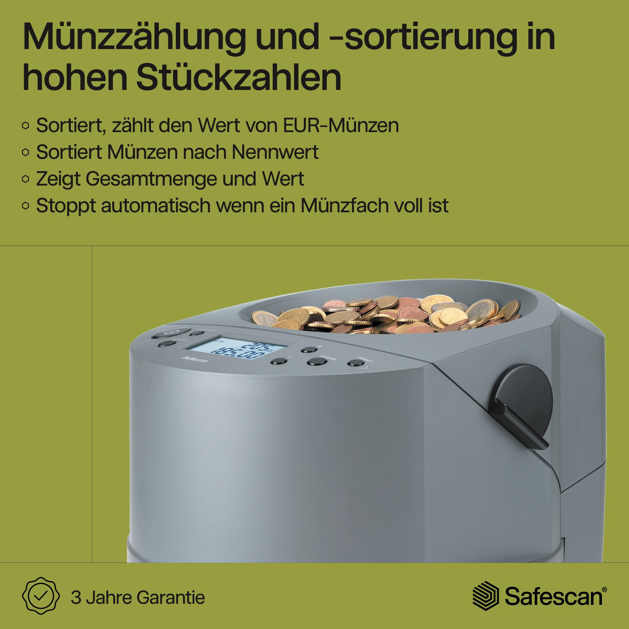 Safescan 1450 Münzzähler, der schnell große Mengen gemischter EUR-Münzen zählt und sortiert - Münzsortierer, sortiert Münzen nach Stückelung - Geldzählmaschine für das Zählen von Münzen