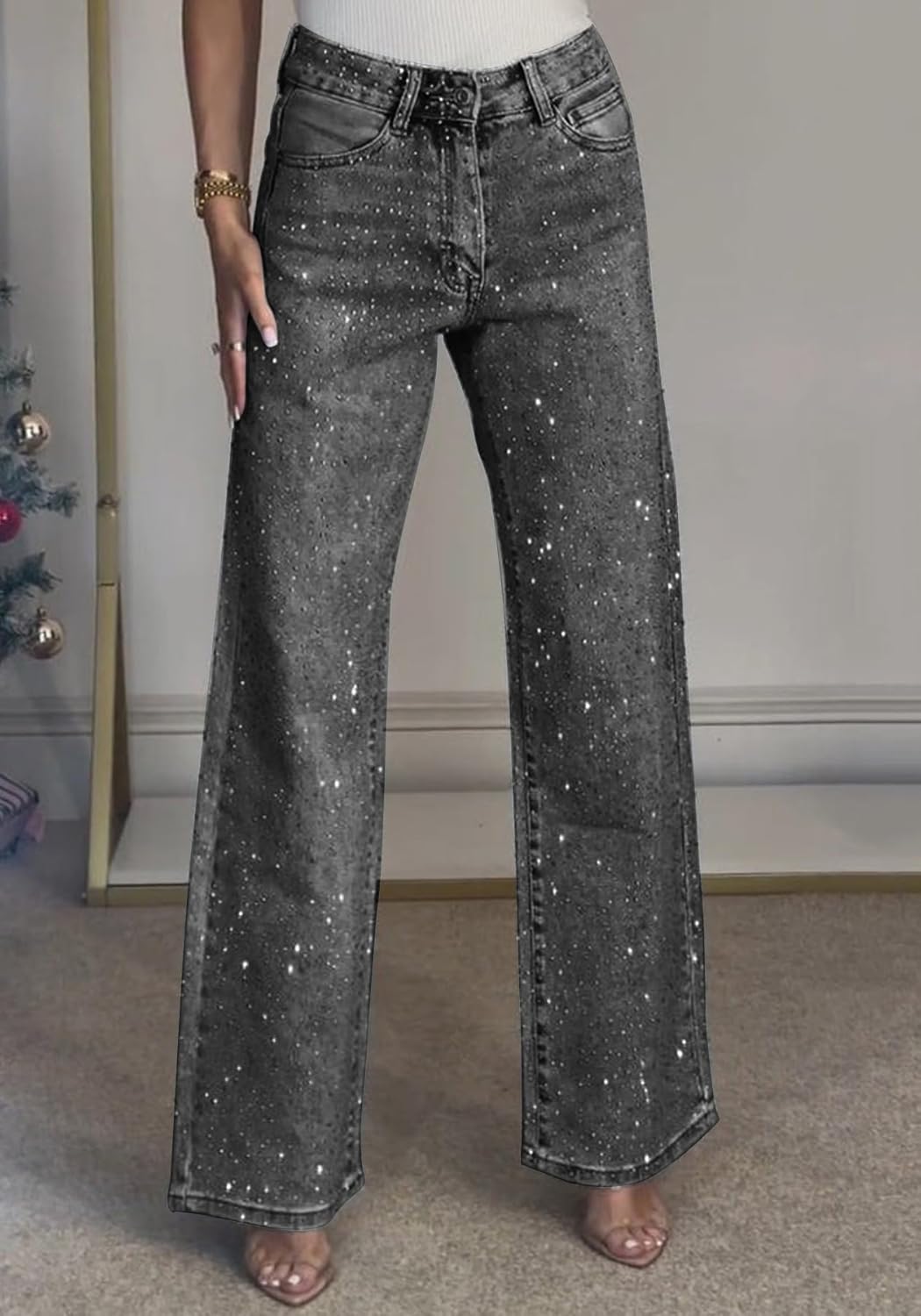 Unybwonn Straight Leg Jeans Rhinestone High Waisted Pearl Boyfried Denim Pants Sparkly Bling Glitter Bedazzled Jeans - Image 3