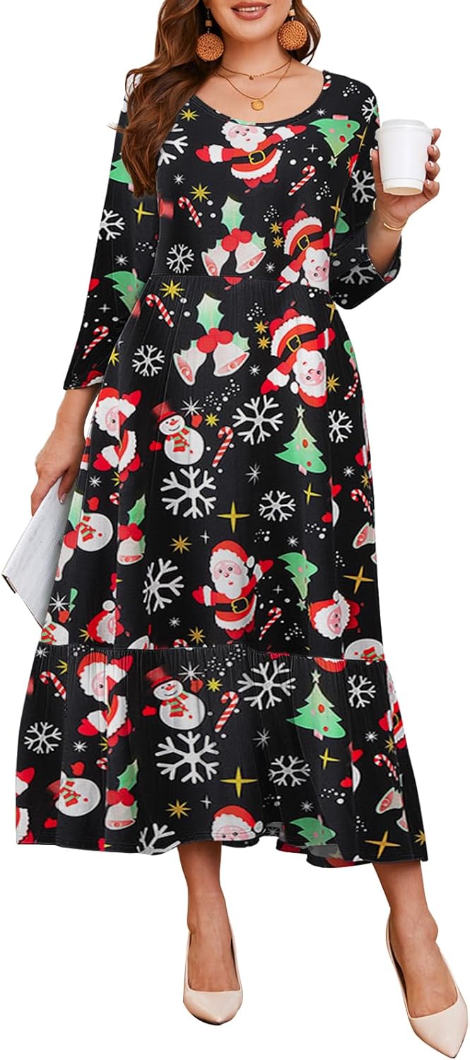 LARACE 3/4 Sleeve Dresses for Women Plus Size Casual Long Maxi Fall Winter Dress with Pockets