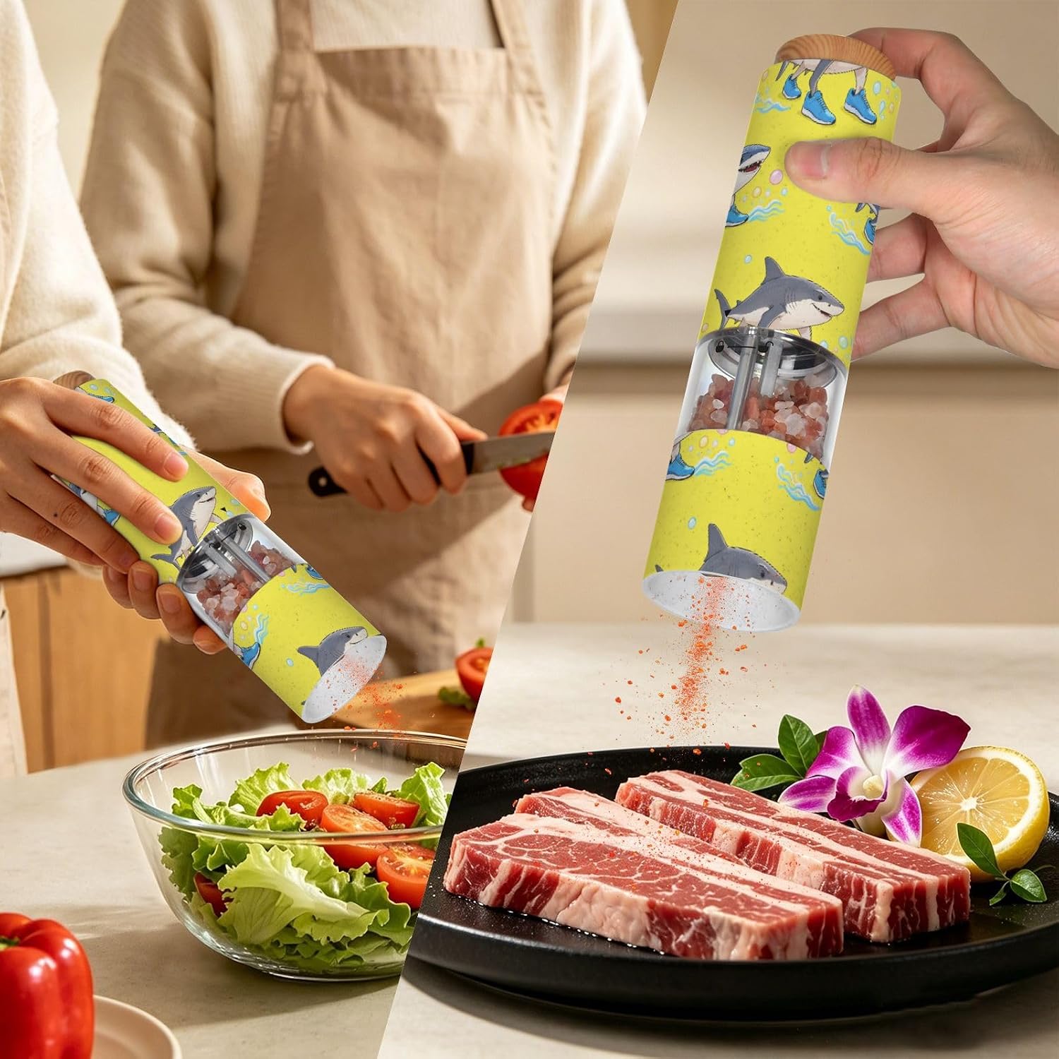 ALAZA Electric Pepper Grinder with Adjustable Coarseness, Italian Brainrot Meme Tralalero Tralala Pattern(2) Battery Automatic Salt and Pepper Mill with Led, One-Handed Operation Spice Grinder for Kit
