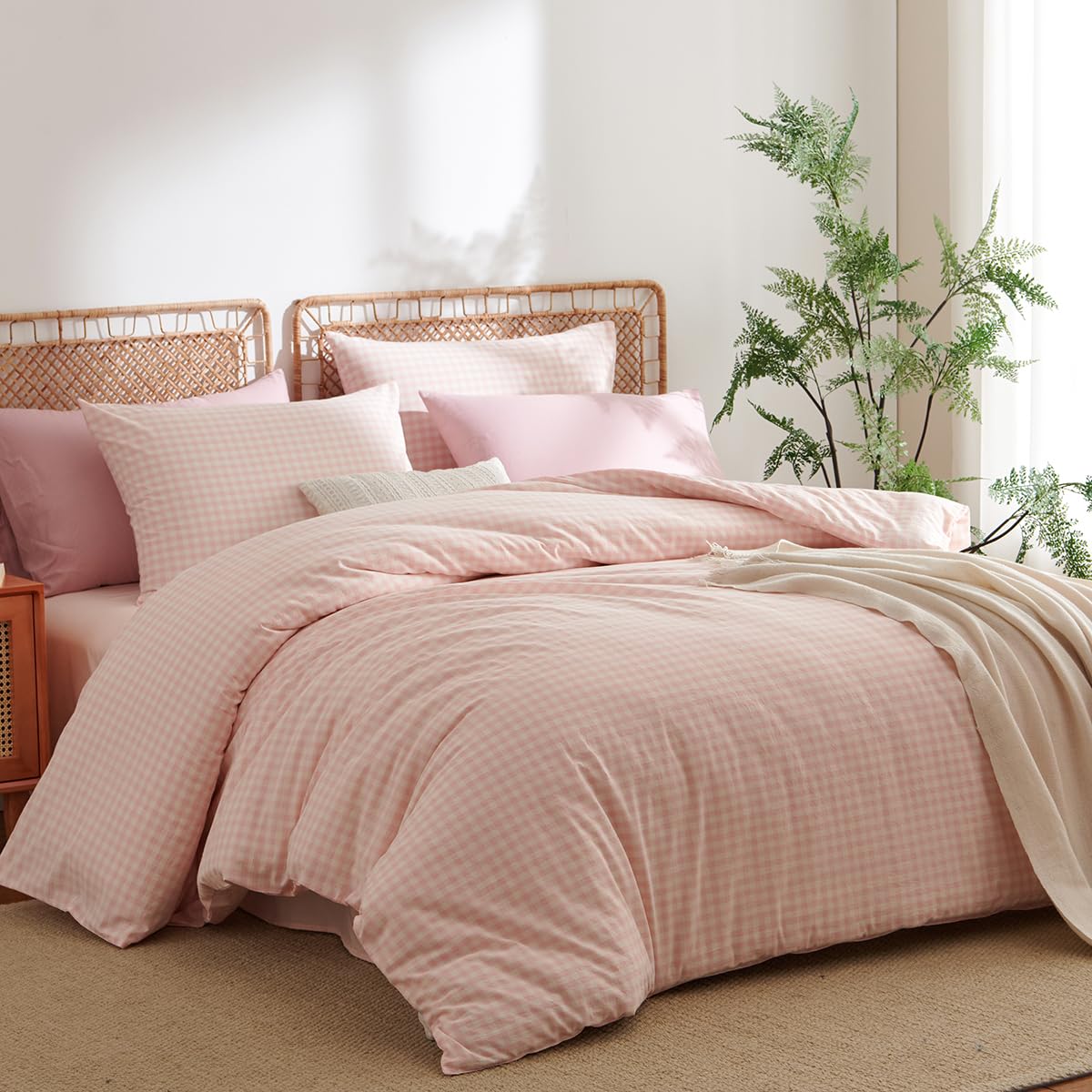 AShanlan Bettwäsche 220x240 Baumwolle Rosa Kariert Bettwäsche-Sets 3teilig | Bettbezug 220x240 mit 2 Kissenbezug 80x80 cm, ÖKO-TEX Leinenoptik Gewaschene Baumwolle Bettwäsche mit Reißverschluss