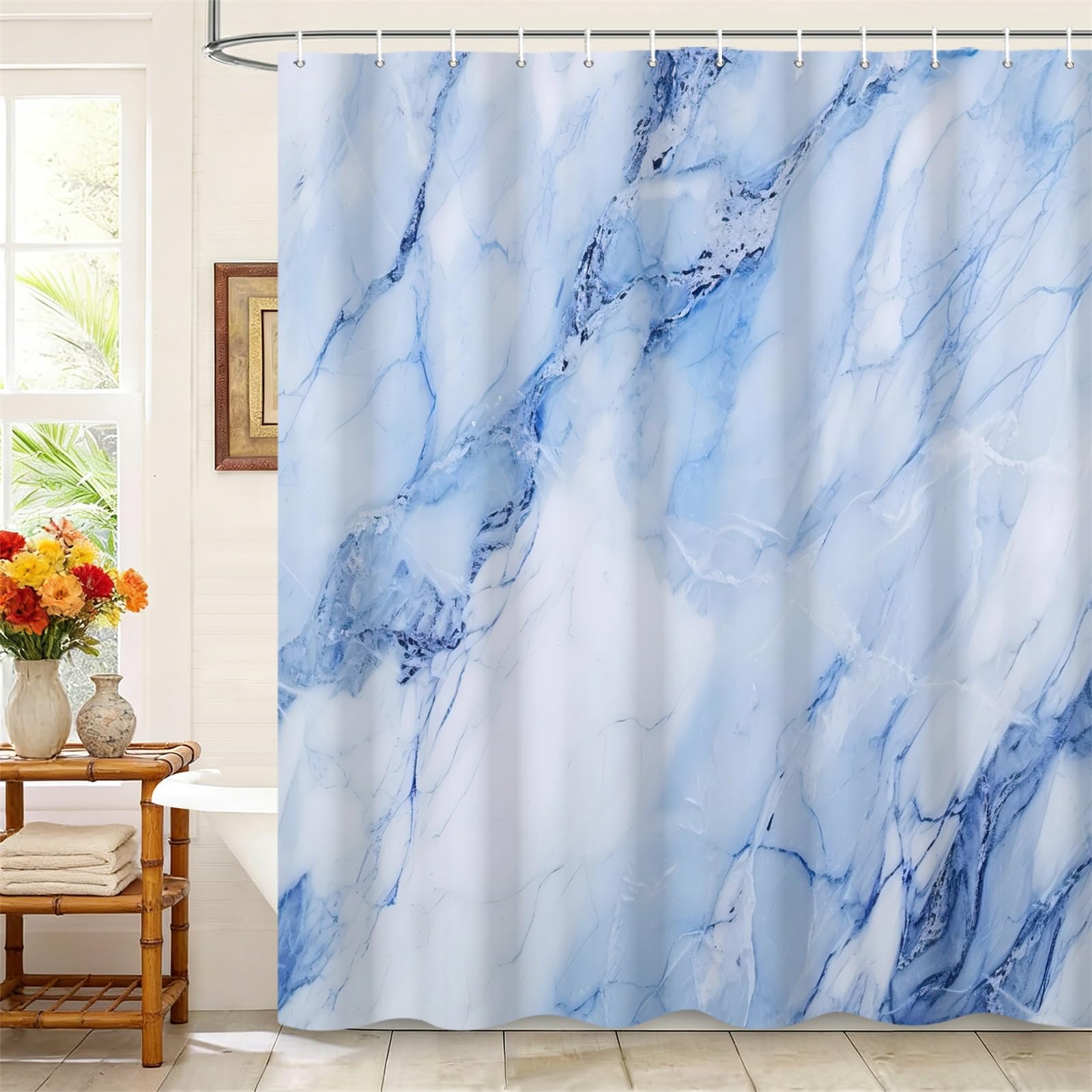 Kzzfqxb 178x183cm Shower Curtains with Plastic Hooks, Waterproof Occluded Light Blue Marble Texture Lines Waterflow Abstract Art Pattern for Bath, Fresh Polyester Fabric for Bathroom Bathtub — image 1