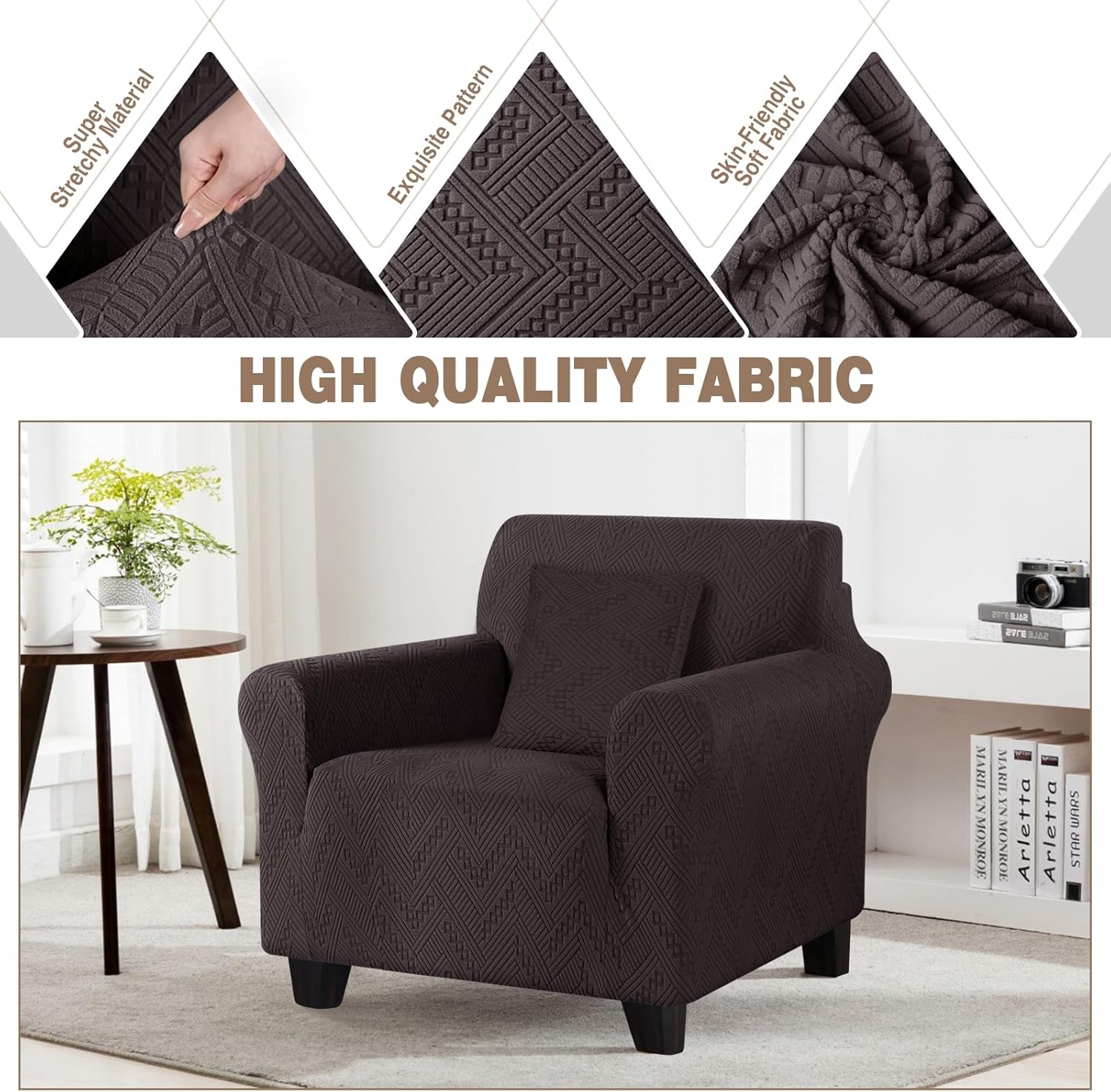 Ruaozz Stretch Chair Sofa Slipcover 1 Piece Chair Cover with Arms Non Slip Armchair Cover Soft Jacquard Furniture Protector with 1 pcs Throw Pillow Cover (1 Seater, Chocolate)