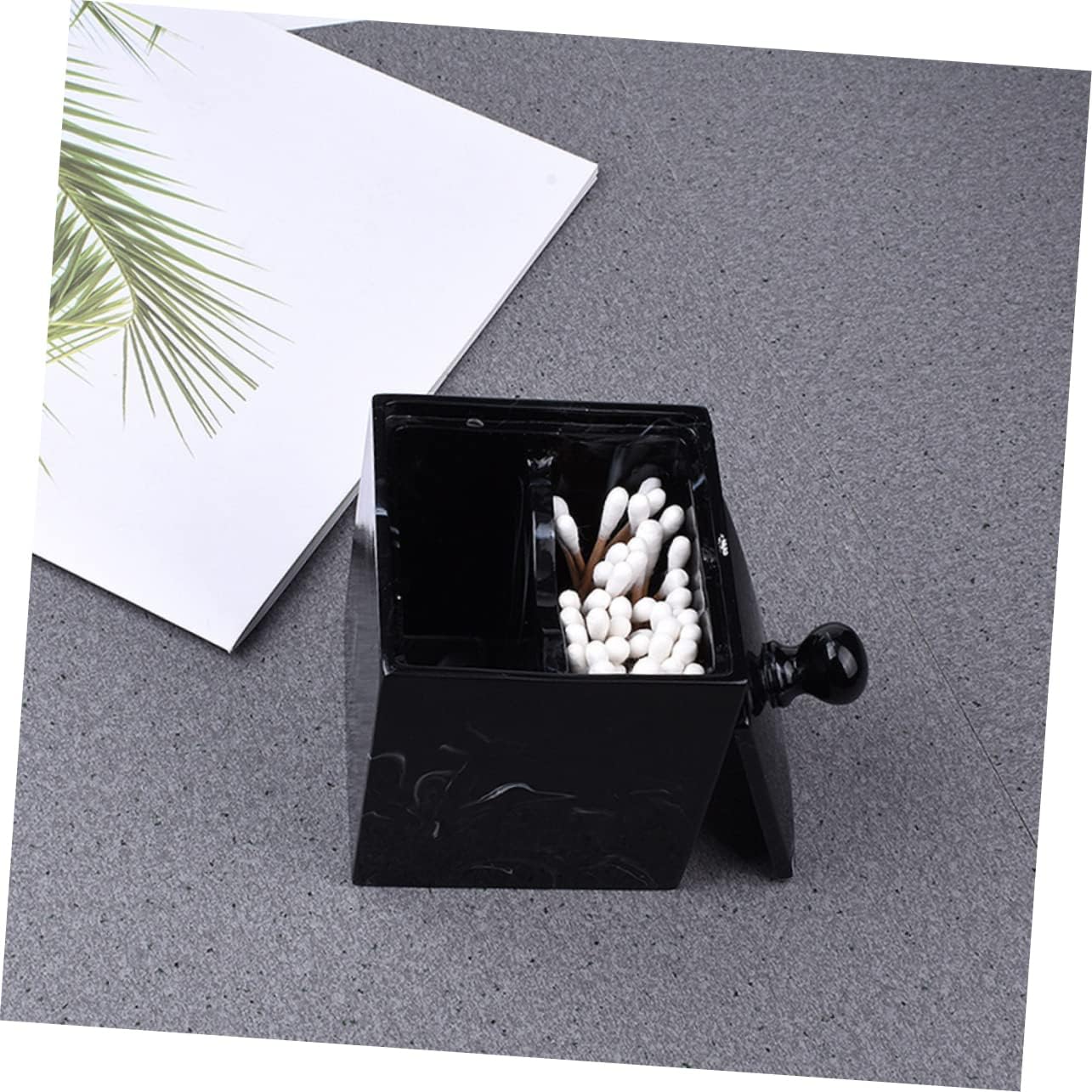 Mikinona 2pcs Marble Pattern Cotton Swab and Pad Storage Box Elegant Resin Organizer for Home Functional Makeup Cotton Holder Lid Space-saving Design Black