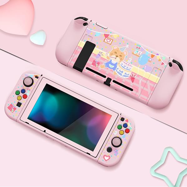 PlayVital ZealProtect Weiche Schutzhülle für Nintendo Switch Konsole Joy Con, Case Hülle Cover Zubehör für Switch mit HD Klar Schutzfolie&Sticks Kappen&ABXY Richtungstastenkappen(Geburtstagsparty) - 3