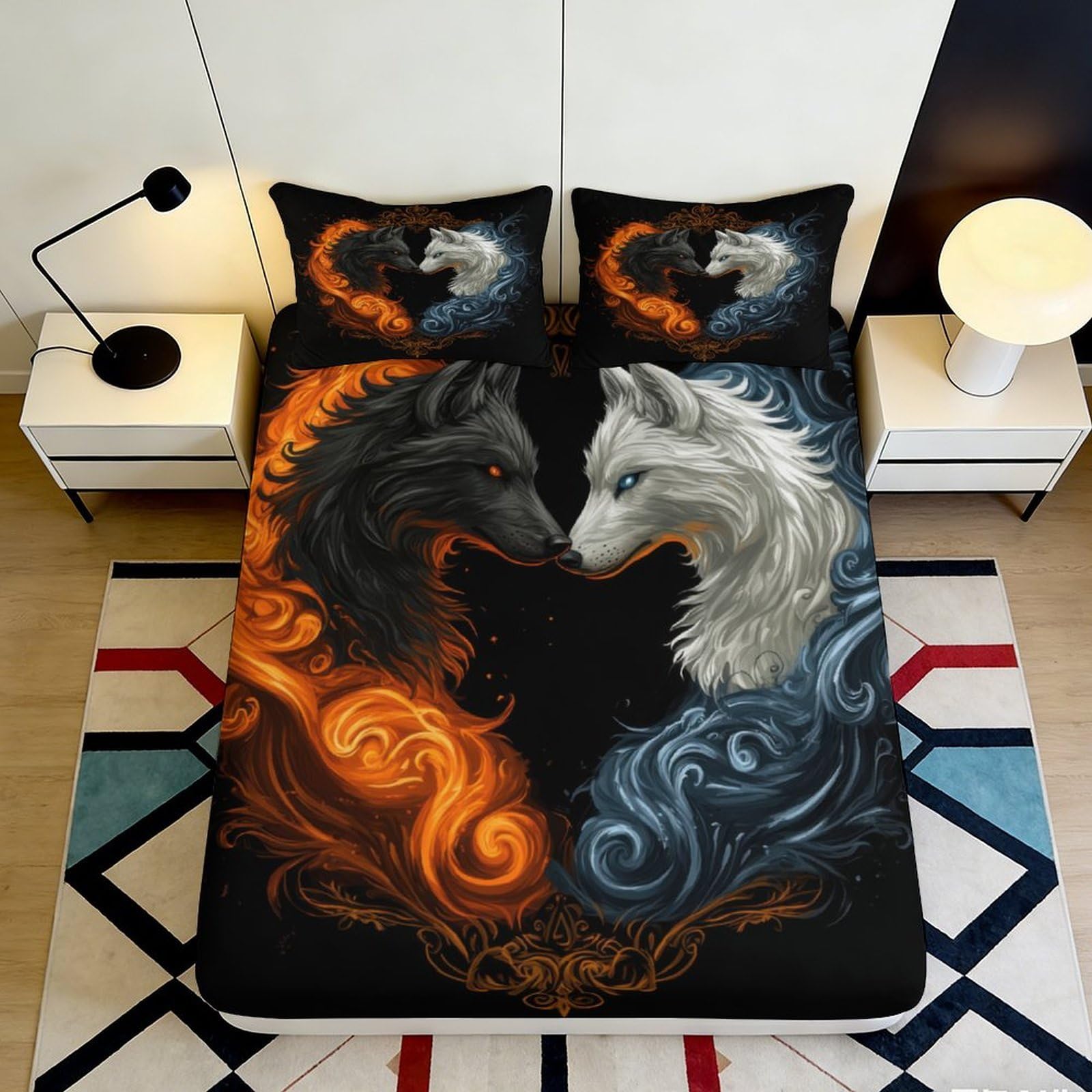 3D Printed Fire Wolf Fitted Sheet Microfiber Soft Breathable Ice Wolf Mattress Cover for Bedroom Dorm Decor Protection 200x200x25cm