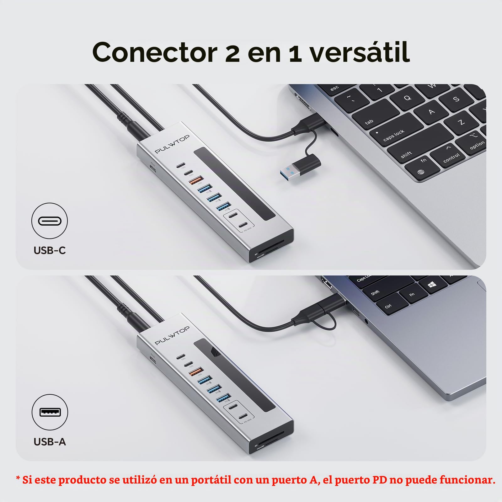 Hub USB Alimentado, USB C Hub con 2 Puertos de Carga PD Tipo C de 24/45 W | PULWTOP HUB USB con SD/TF, USB C 10Gbps, USB A 5/10Gbps y 2 * 24/45W Tipo-C PD de Carga (Adaptador DC de 72W Incluido)