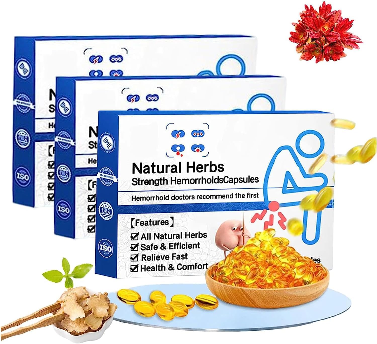 7 Pcs/Box Natural Herbal Strength Hemorrhoid Capsules, Hemorrhoid Relief Capsules,Hemorrhoid Treatment,Piles Treatment Capsules Shrinks Piles Relief from External Itching and Burning, External (3 Box)