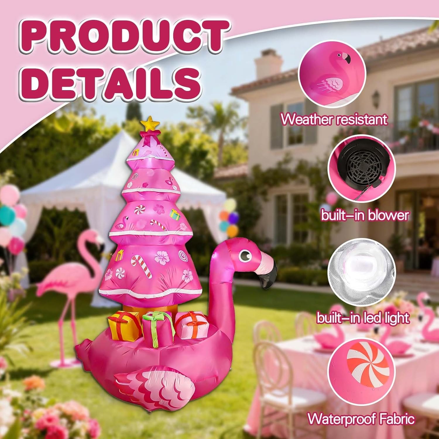 7Ft Inflatable Pink Flamingo Outdoor Decorations,Beach Party Yard Decorations with LEDs, Outdoor Garden Lawn Holiday Decors for Summer Christmas Family Gathering Tiki Holiday Beach Party