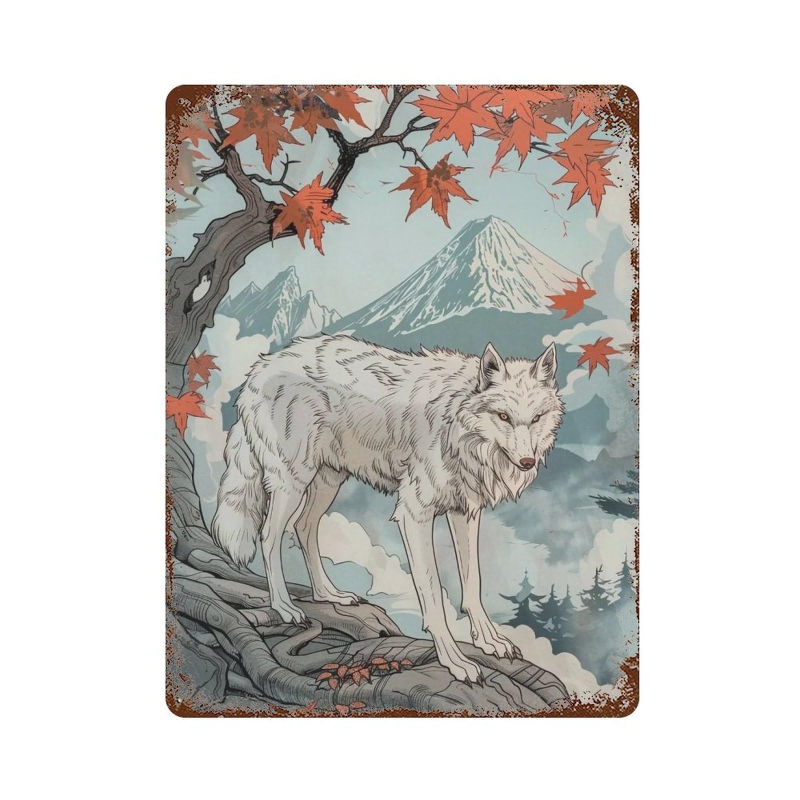 HDURYEYRYY White Timber Wolf Under Autumn Maple Fuji 03 Wall Retro Iron Vintage Art Metal Tin Sign Poster Modern Home Cofffee Club Art Bar Shop Decor 40x30cm